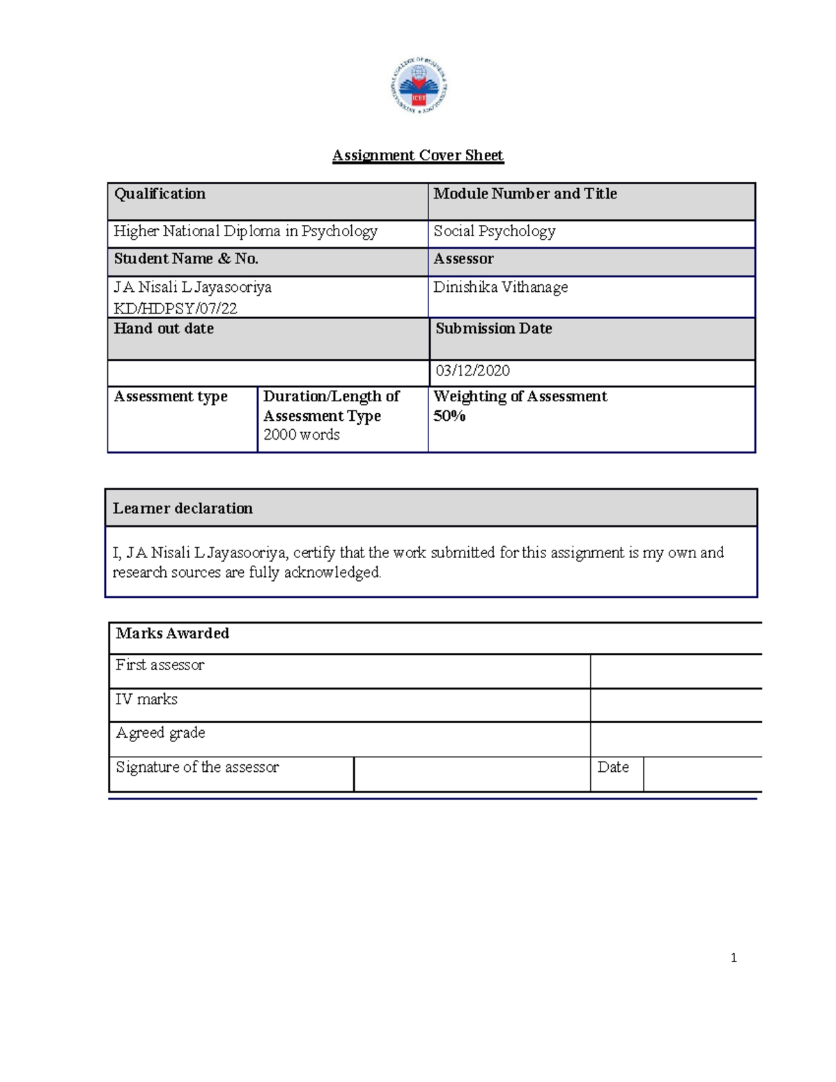 Social psychology assignment ii batch 07 - Assignment Cover Sheet ...