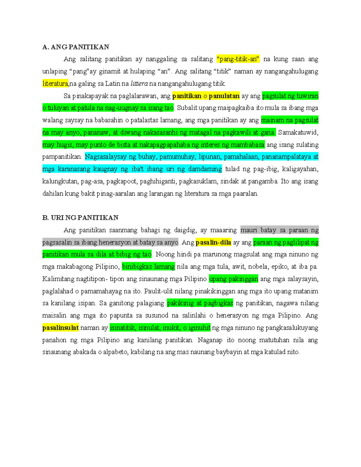 Yunit 1 - Panitikan - Lesson 1 - A. ANG PANITIKAN Ang Salitang ...