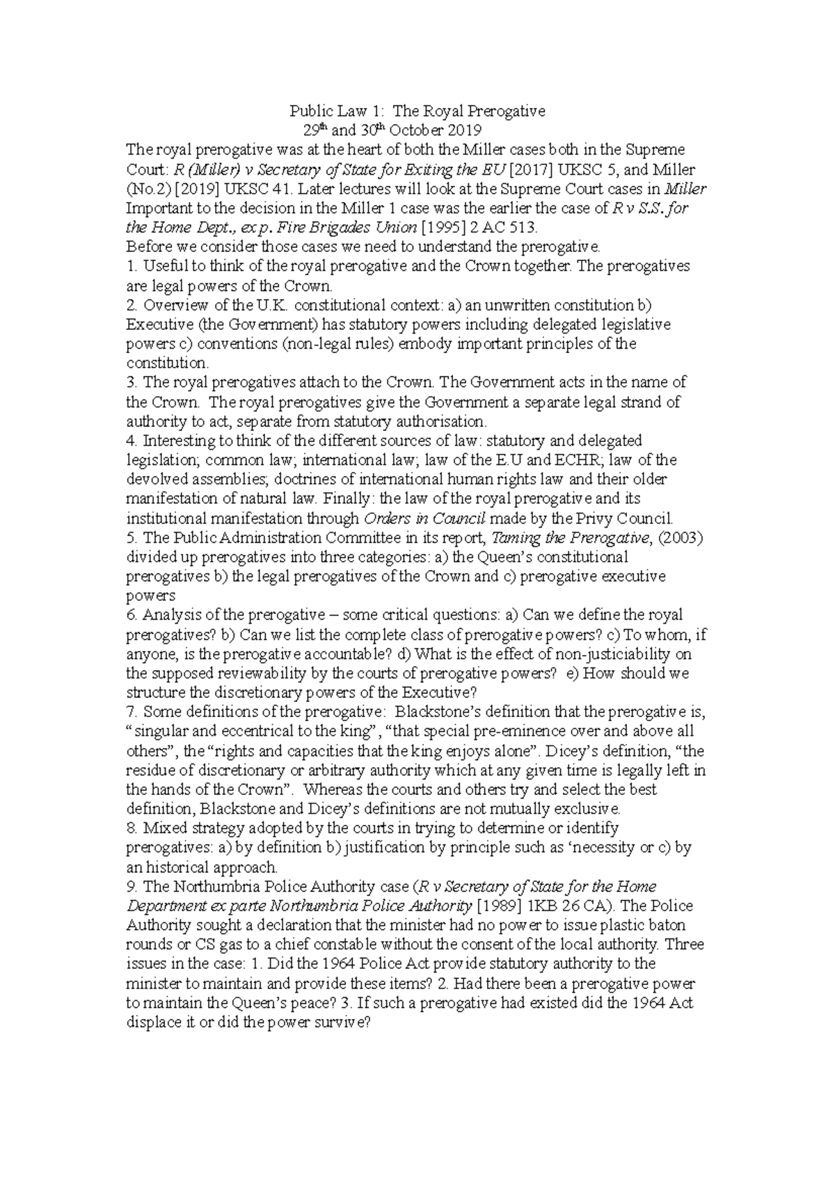 Public Law 1 Lecture Note The Royal Prerogative 29th and 30th October ...