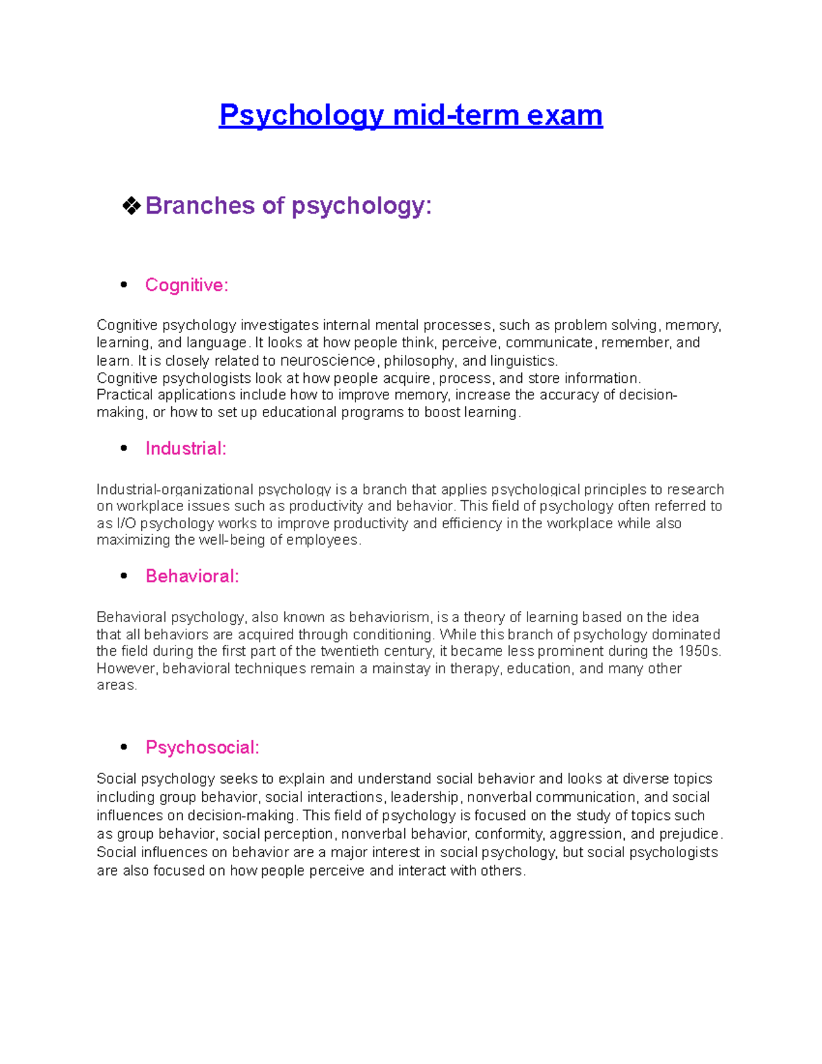 Mid Term Exam - Mid-term Exam Notes - Psychology Mid-term Exam Branches ...