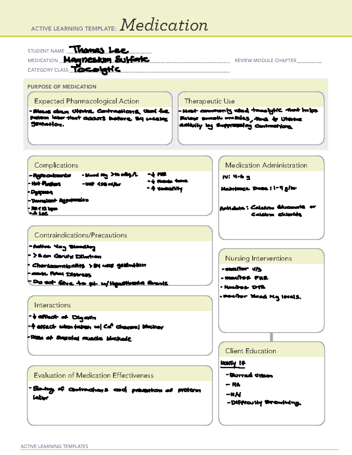 3. Magnesium Sulfate Homework assignment for OBGYN. ATI templates