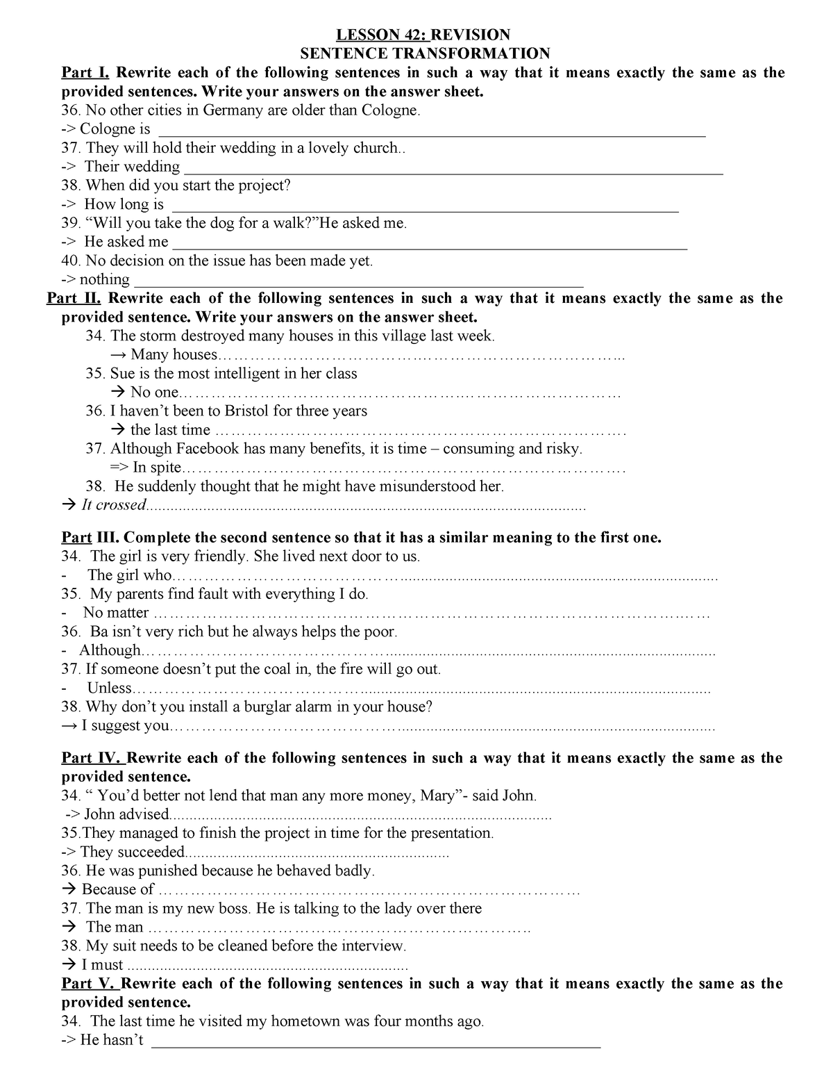 Sentence Transformation - LESSON 42: REVISION SENTENCE TRANSFORMATION ...