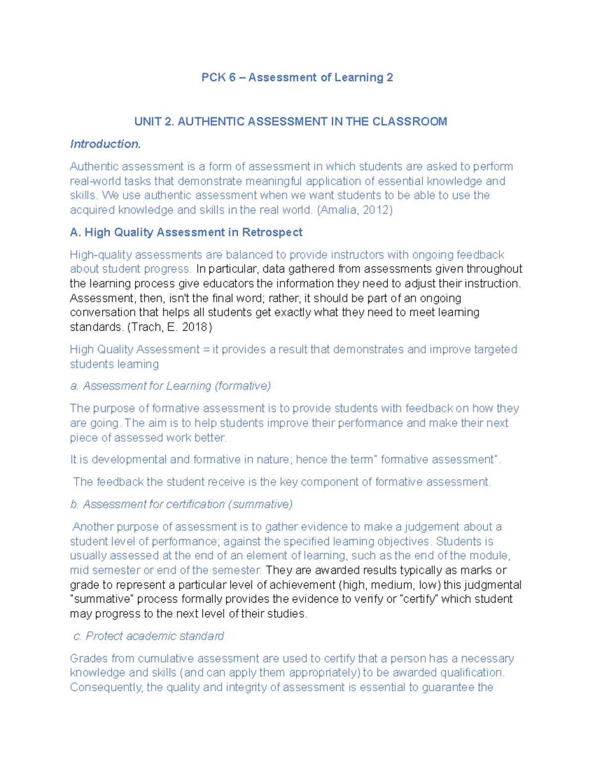 PCK 6 Assessment of Learning 2 Unit 1 - PCK 6 – Assessment of Learning ...
