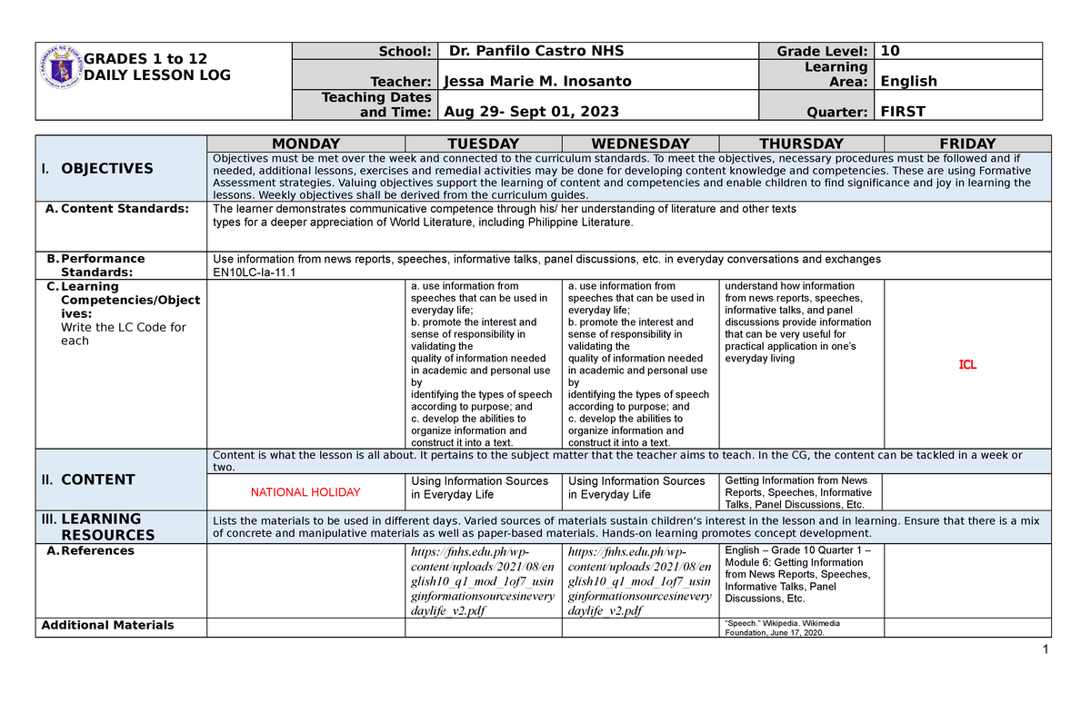 DLL Q1W1 - Daily Lesson Log - GRADES 1 To 12 DAILY LESSON LOG School ...