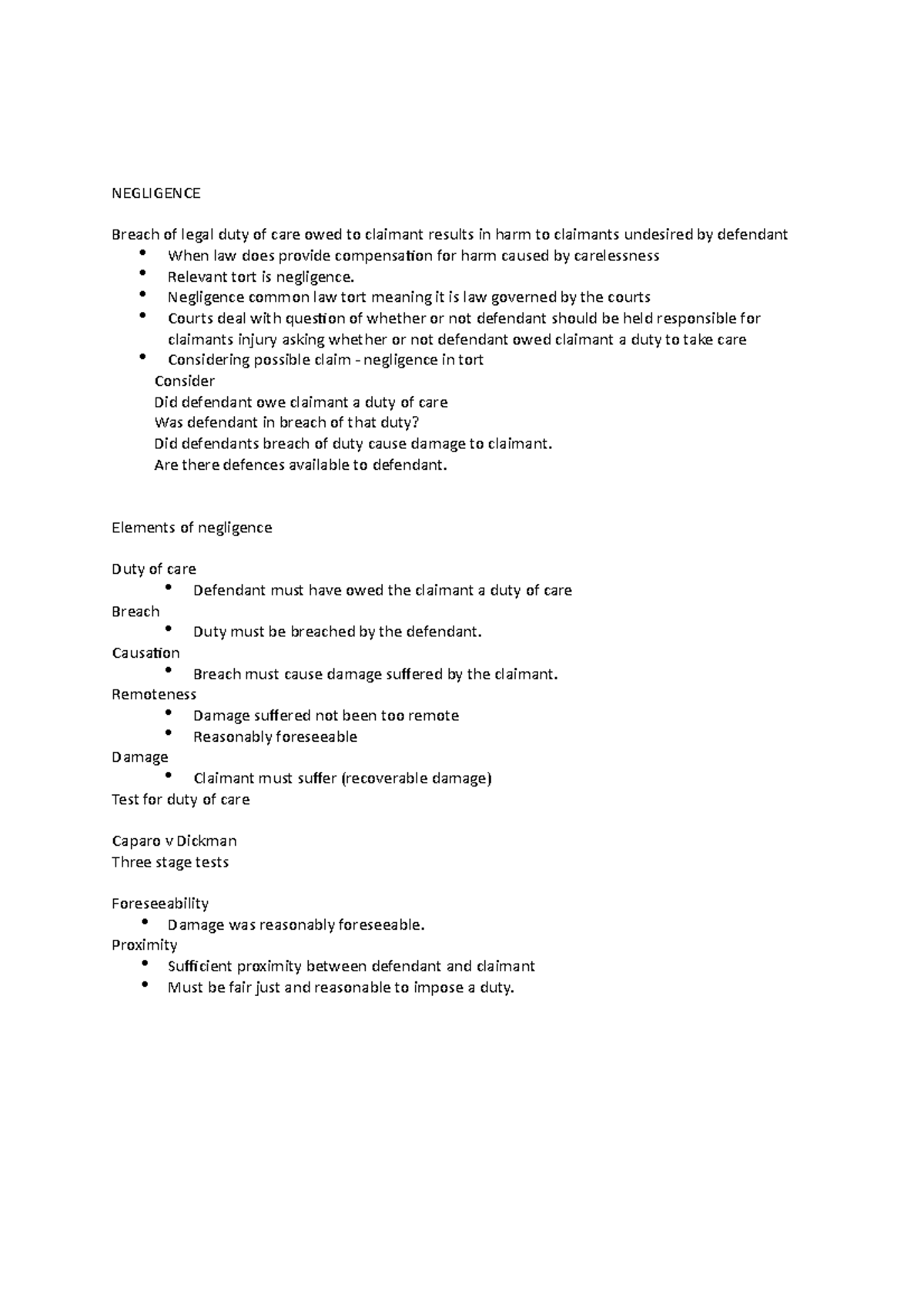 Negligence - tort law notes unit 1 - NEGLIGENCE Breach of legal duty of ...