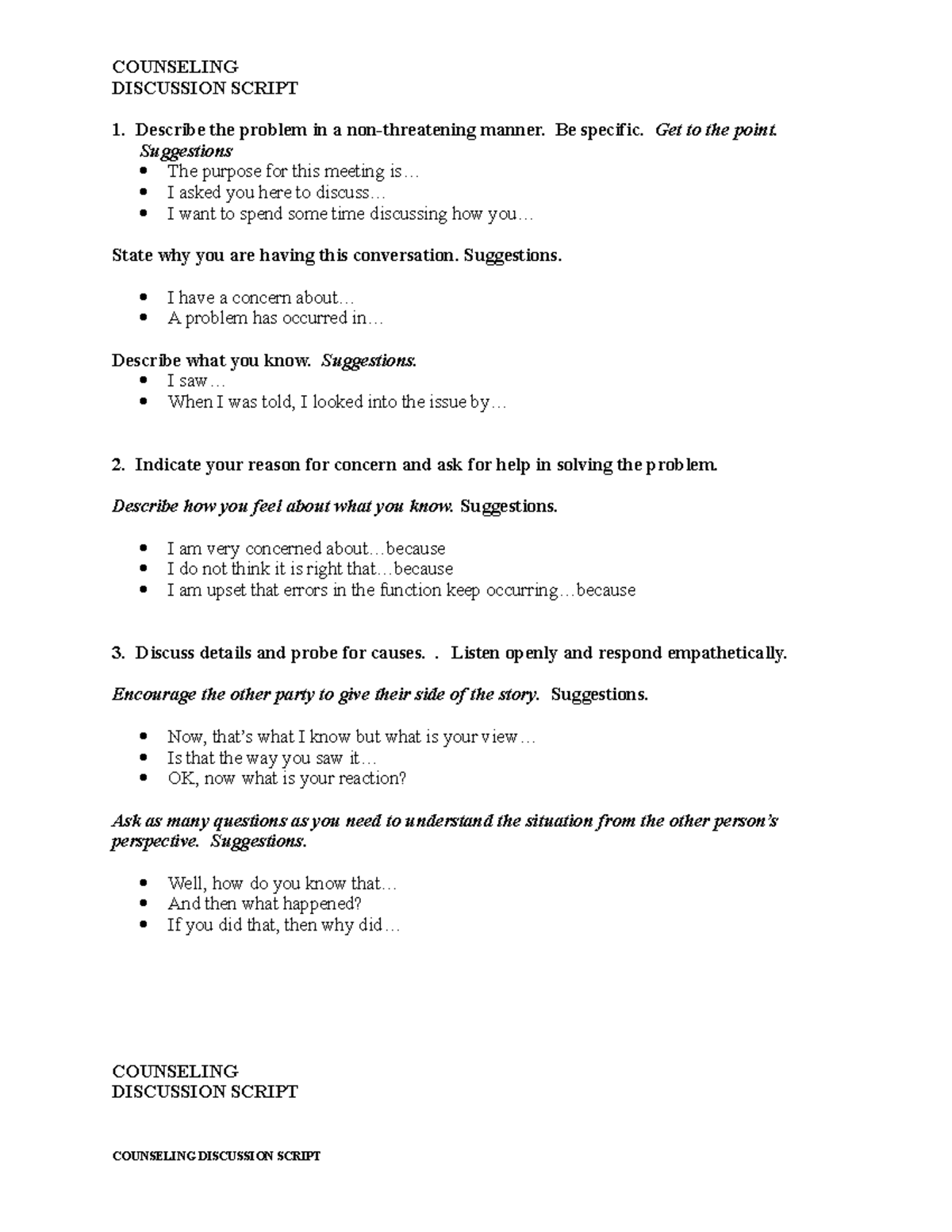 Counseling Discussion Guide With Script - COUNSELING DISCUSSION SCRIPT ...