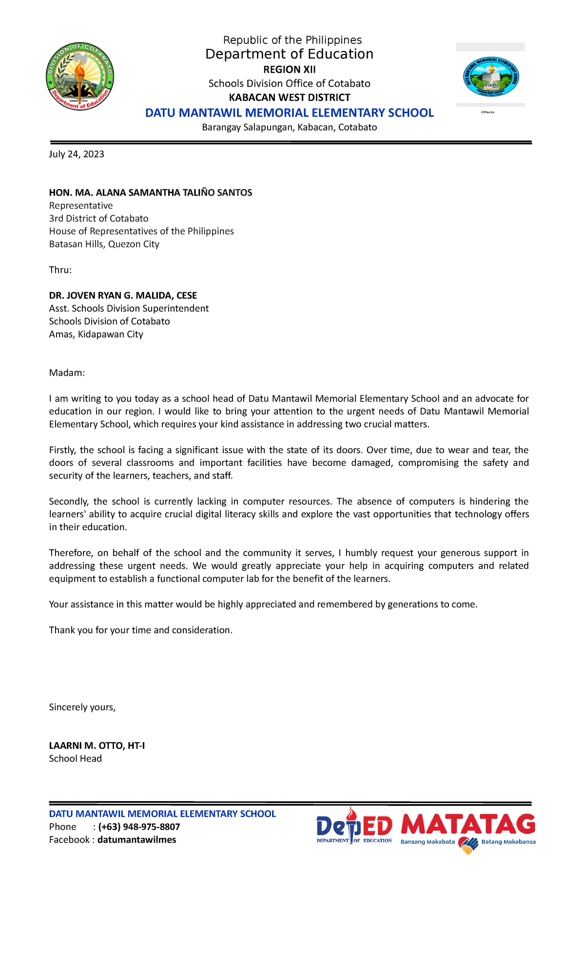 Dmmes Samantha Sample Letter To Congresswoman Republic Of The Philippines Department Of