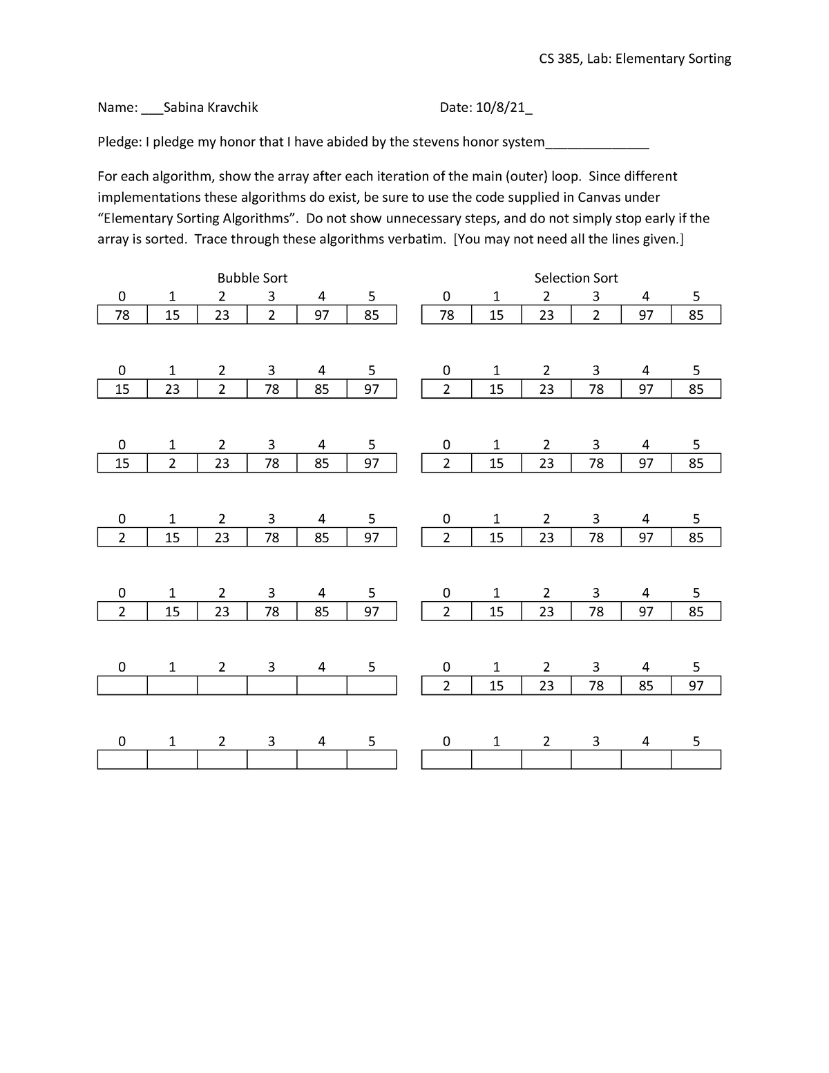 Lab-Elementary Sorting-2 - CS 385, Lab: Elementary Sorting Name ...