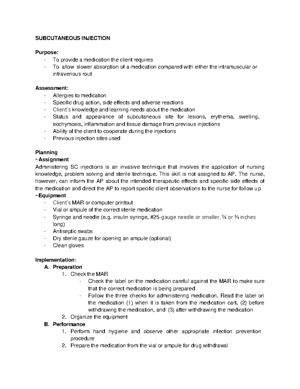RLE Subcutaneous Injection SUBCUTANEOUS INJECTION Purpose To