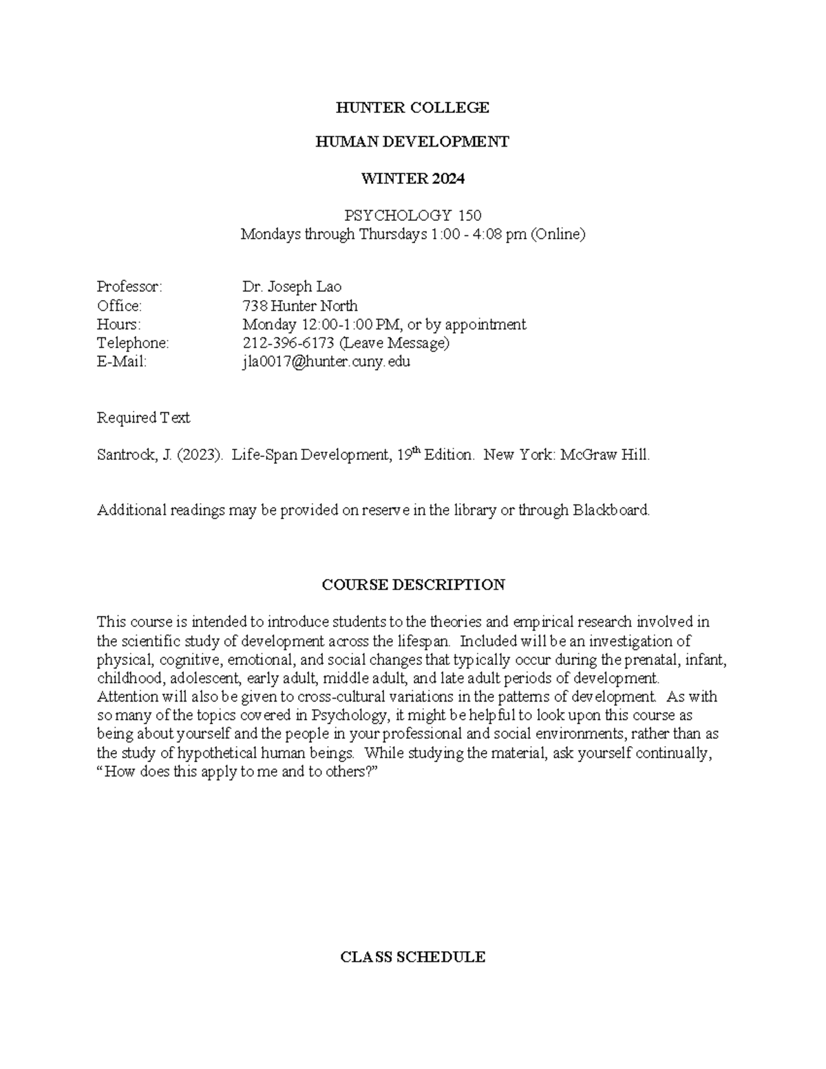 PSYCH 150 syllabus HUNTER COLLEGE HUMAN DEVELOPMENT WINTER 2024