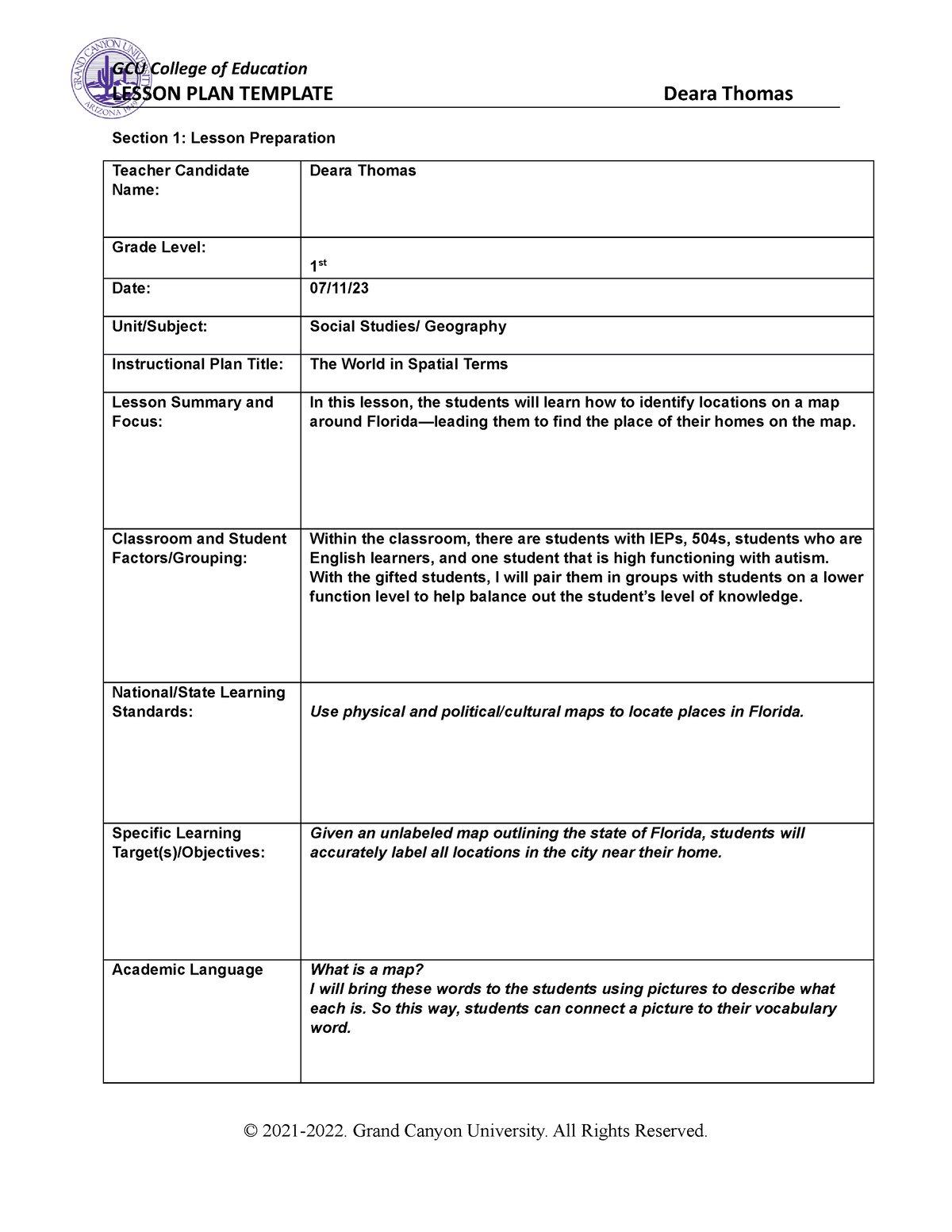 World History Lesson Plan - LESSON PLAN TEMPLATE Deara Thomas Section 1 ...