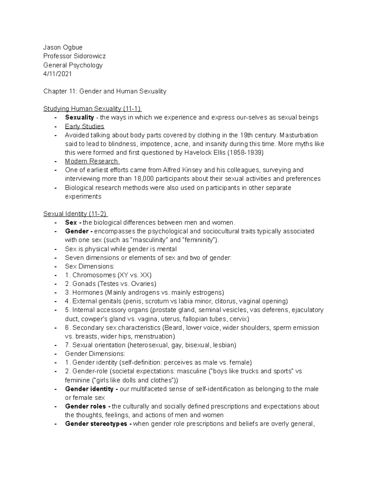 PSY 203 Chapter 11 - Notes on Gender and Human Sexuality - Jason Ogbue ...