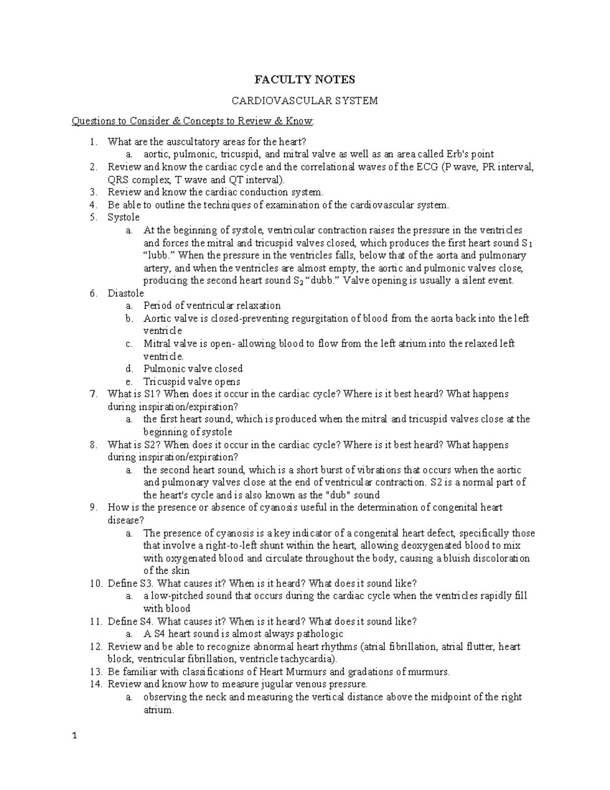 Module 7 study guide - FACULTY NOTES CARDIOVASCULAR SYSTEM Questions to ...