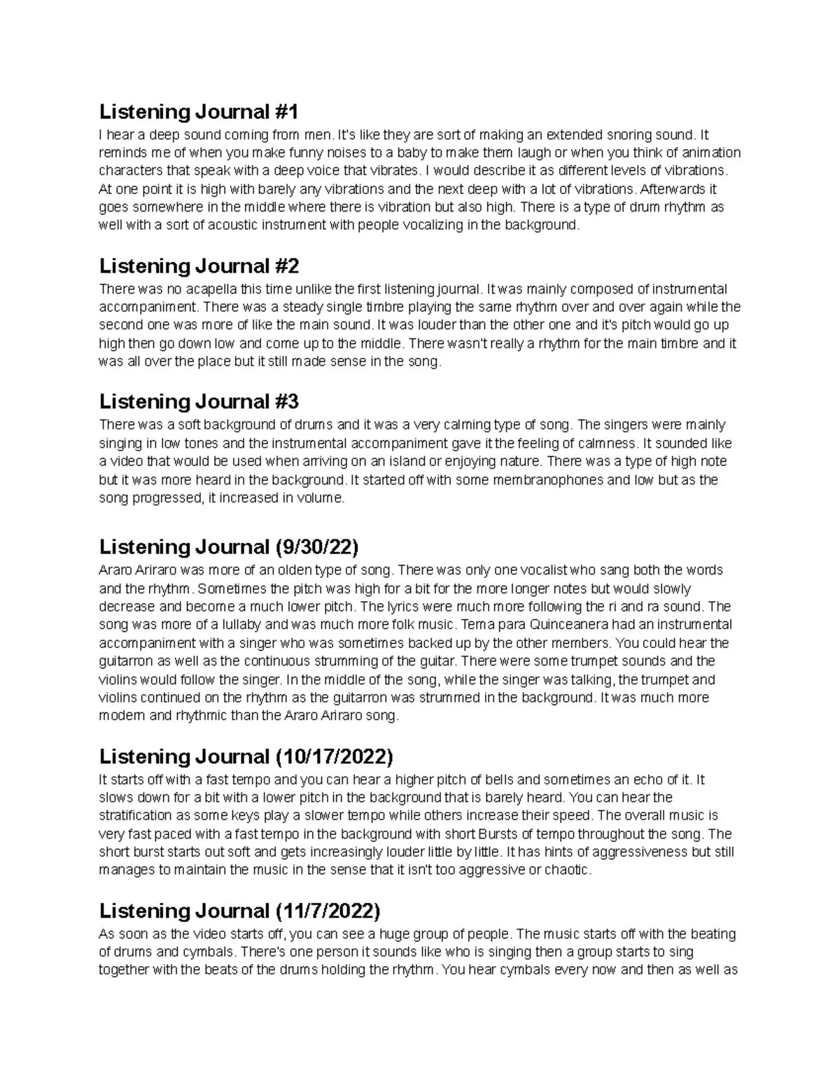 Listening Journal - Notes - Listening Journal I hear a deep sound ...