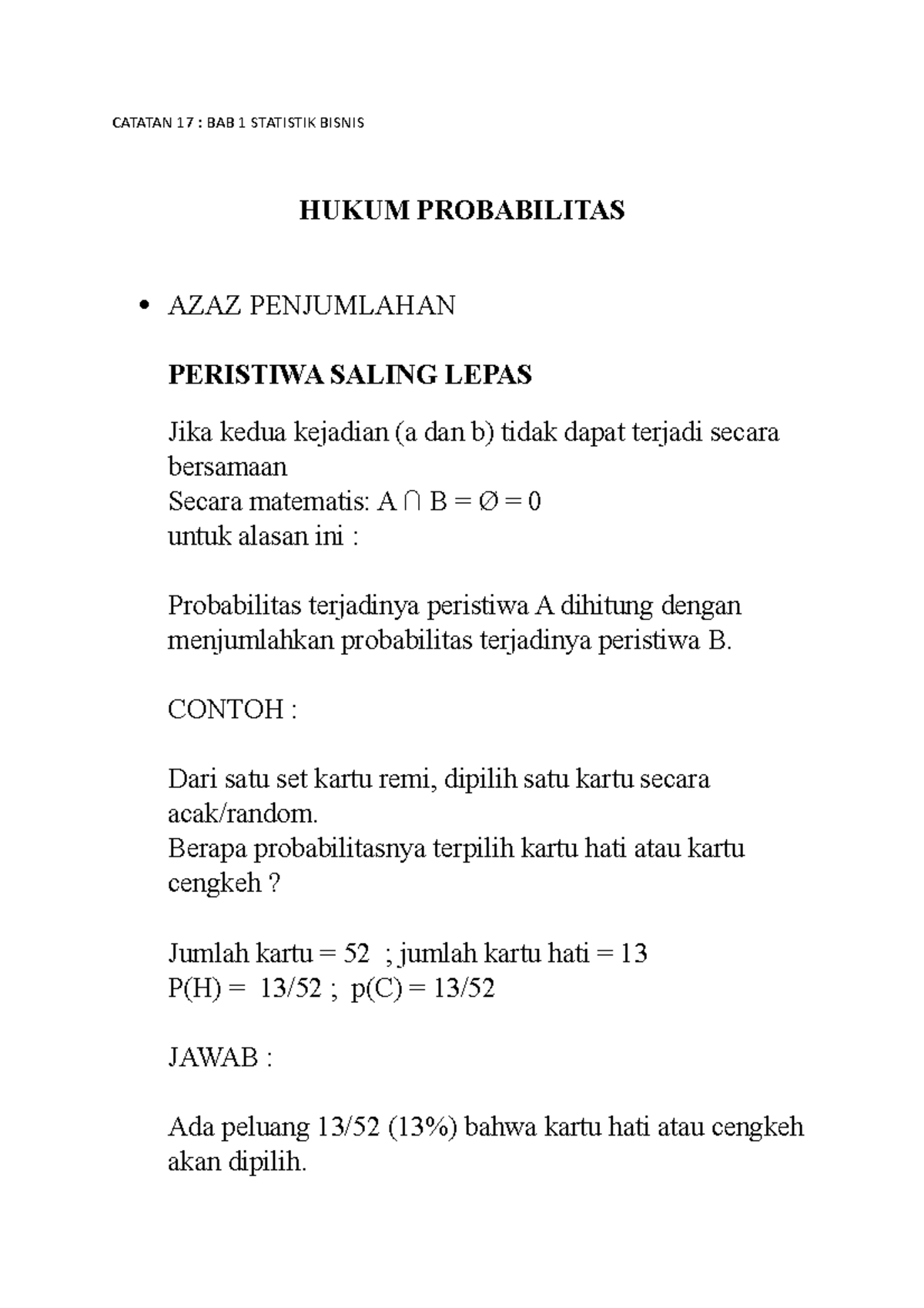 Catatan 17 - Hukum Probabilitas - CATATAN 17 : BAB 1 STATISTIK BISNIS ...