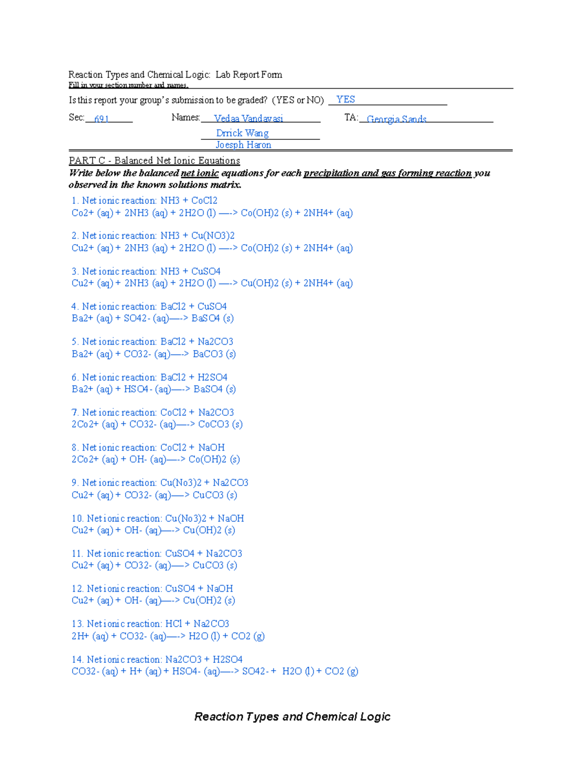 Post Lab 2 - Chem 102 - Lab 3 - Reaction Types and Chemical Logic ...
