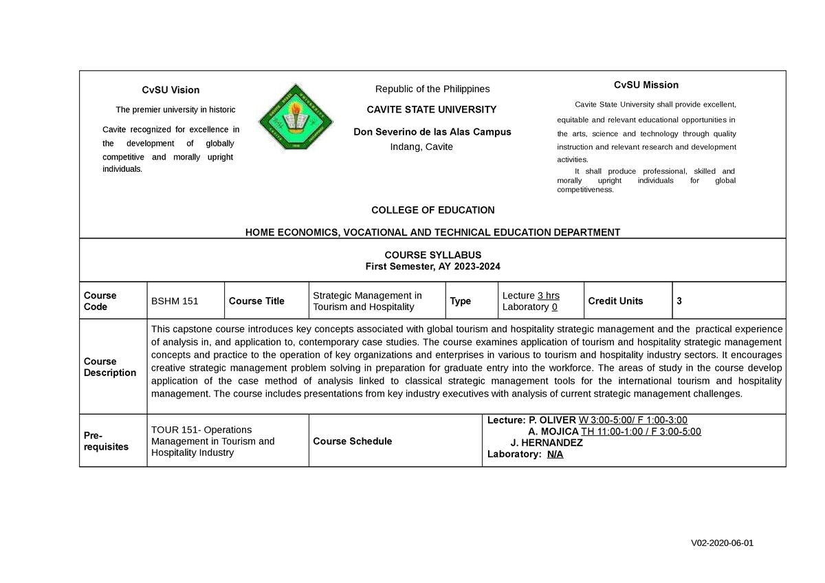 BSHM 151 Strategic Management - CvSU Vision Republic of the Philippines ...