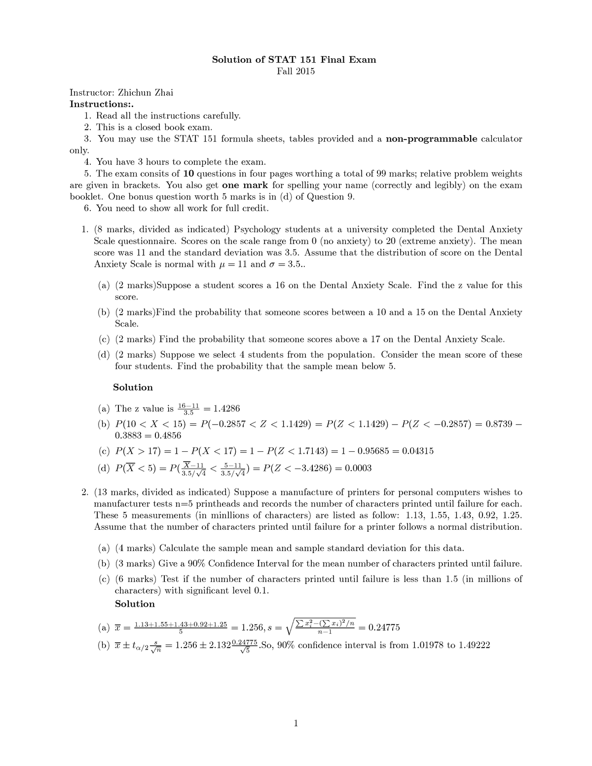 Stat 151 Final Exam Questions And Answers Studocu