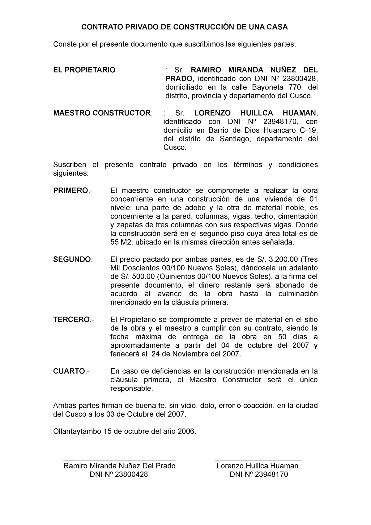 Contrato DE Construccion DE UNA CASA - CONTRATO PRIVADO DE CONSTRUCCIÓN DE  UNA CASA Conste por el - Studocu