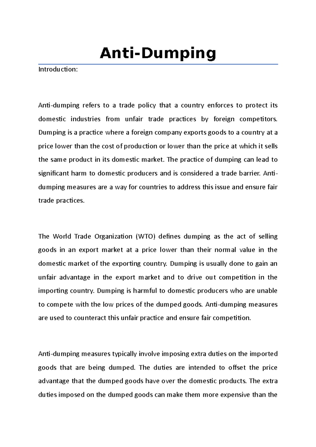 Brief note on AntiDumping AntiDumping Introduction Antidumping refers to a trade policy