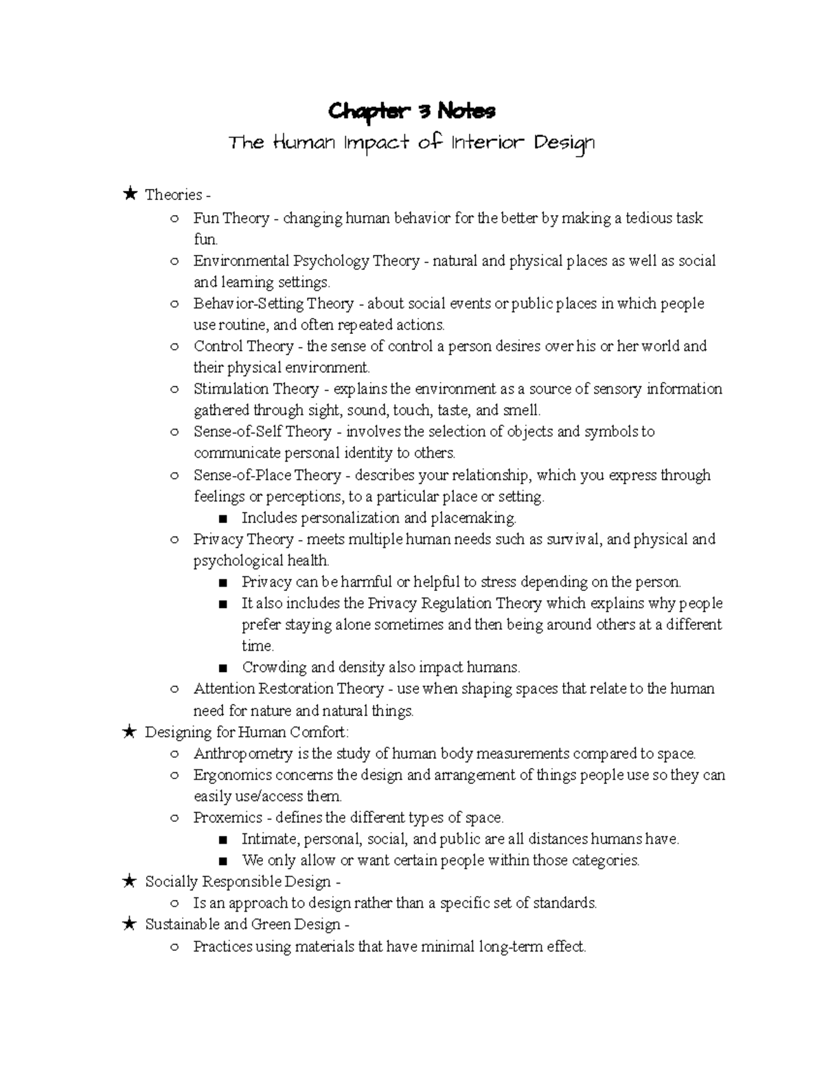 AR283 Chapter 3 Notes - Chapter 3 Notes The Human Impact of Interior ...