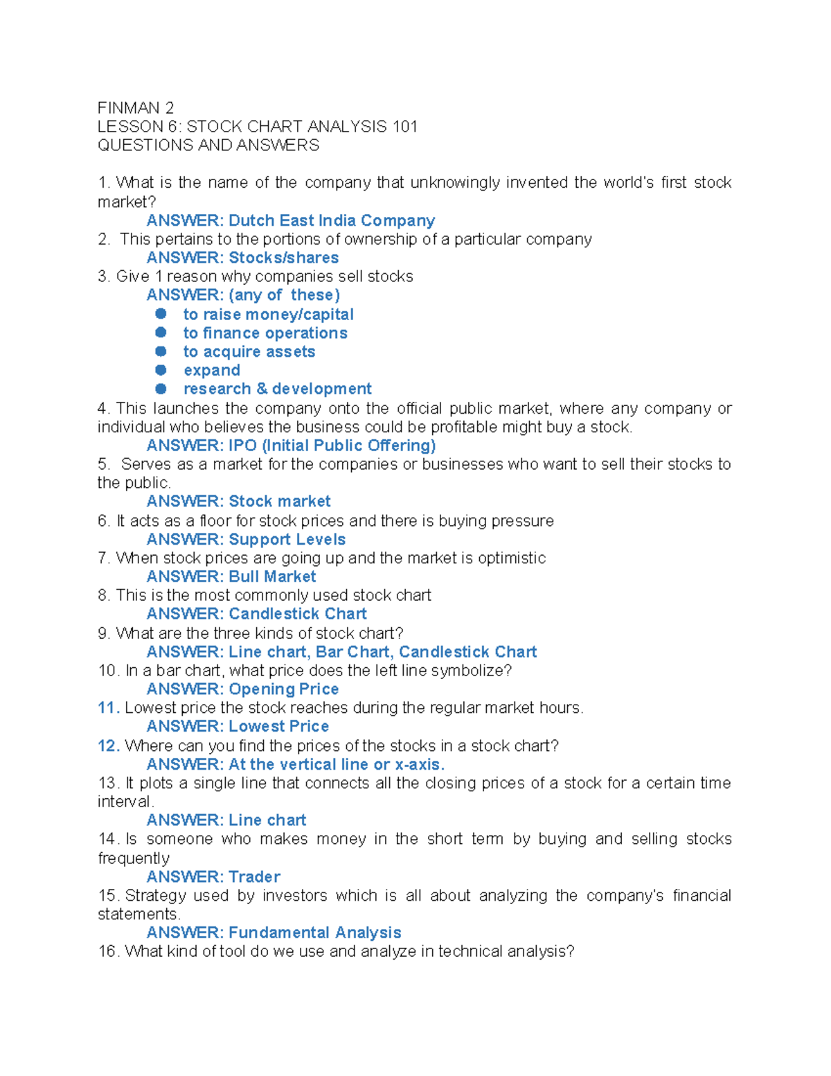 Q&A - Q and A - FINMAN 2 LESSON 6: STOCK CHART ANALYSIS 101 QUESTIONS ...