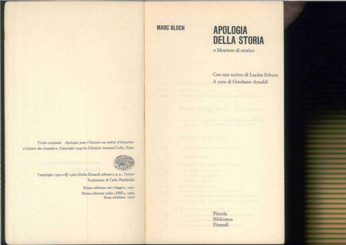 1. Marc Bloch, apologia della storia, cap. I - Storia Economica - Studocu