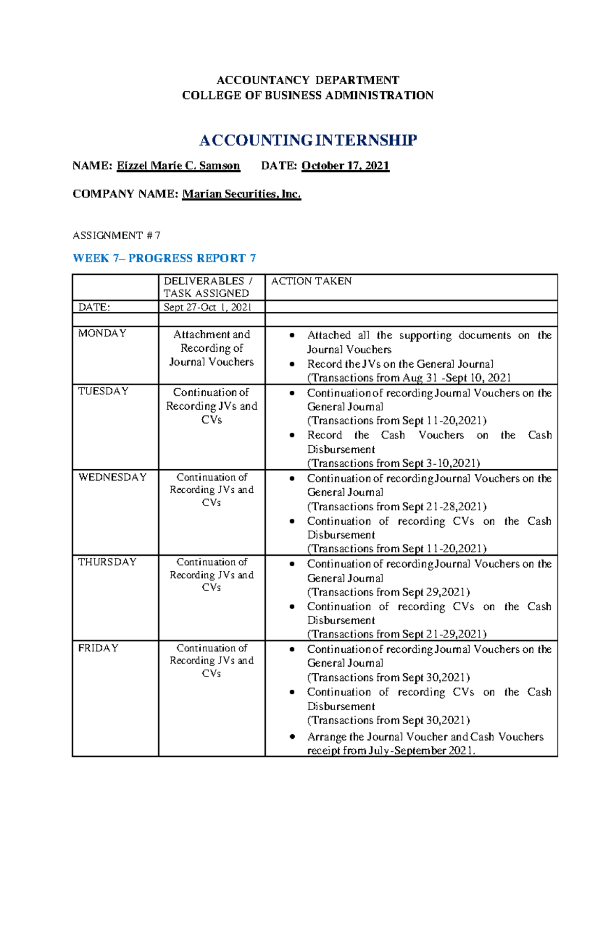 Internship progress report at marian securities - ACCOUNTANCY ...