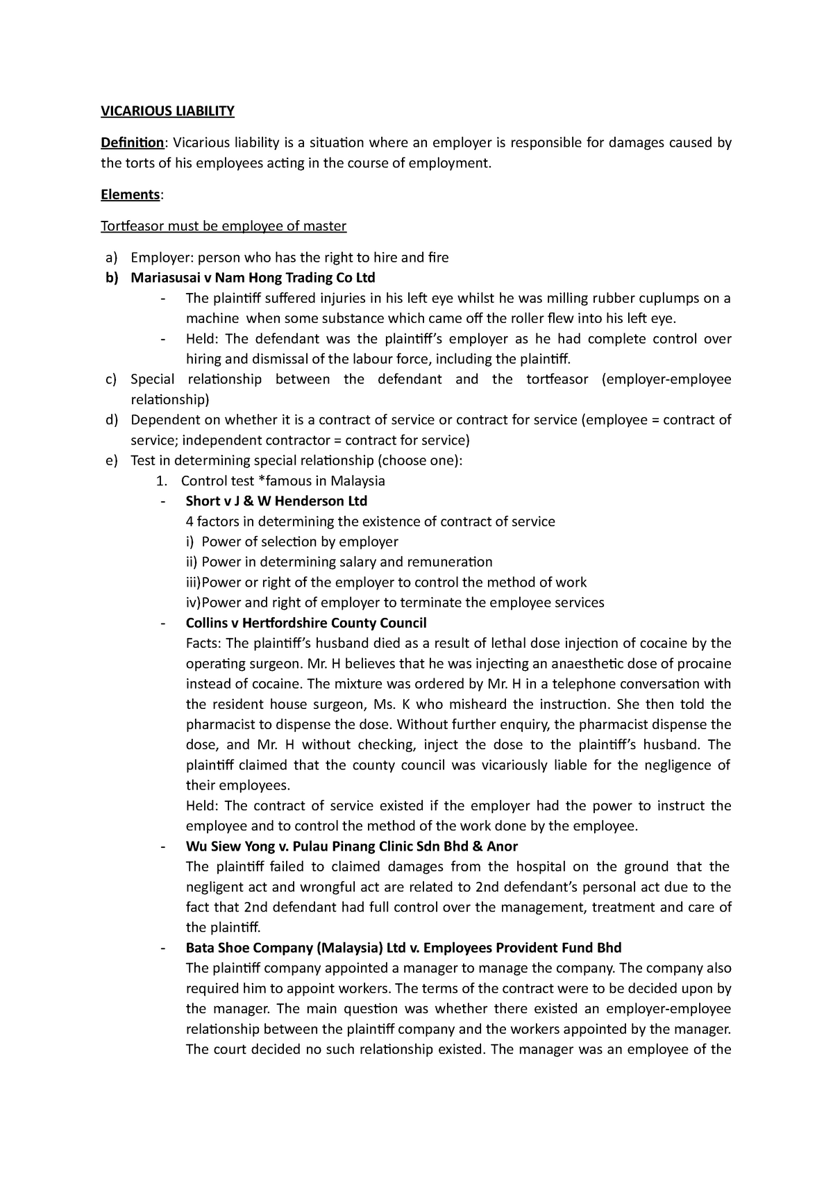 Vicarious Liability Lecture Notes 1 Tort Law Mmu Studocu