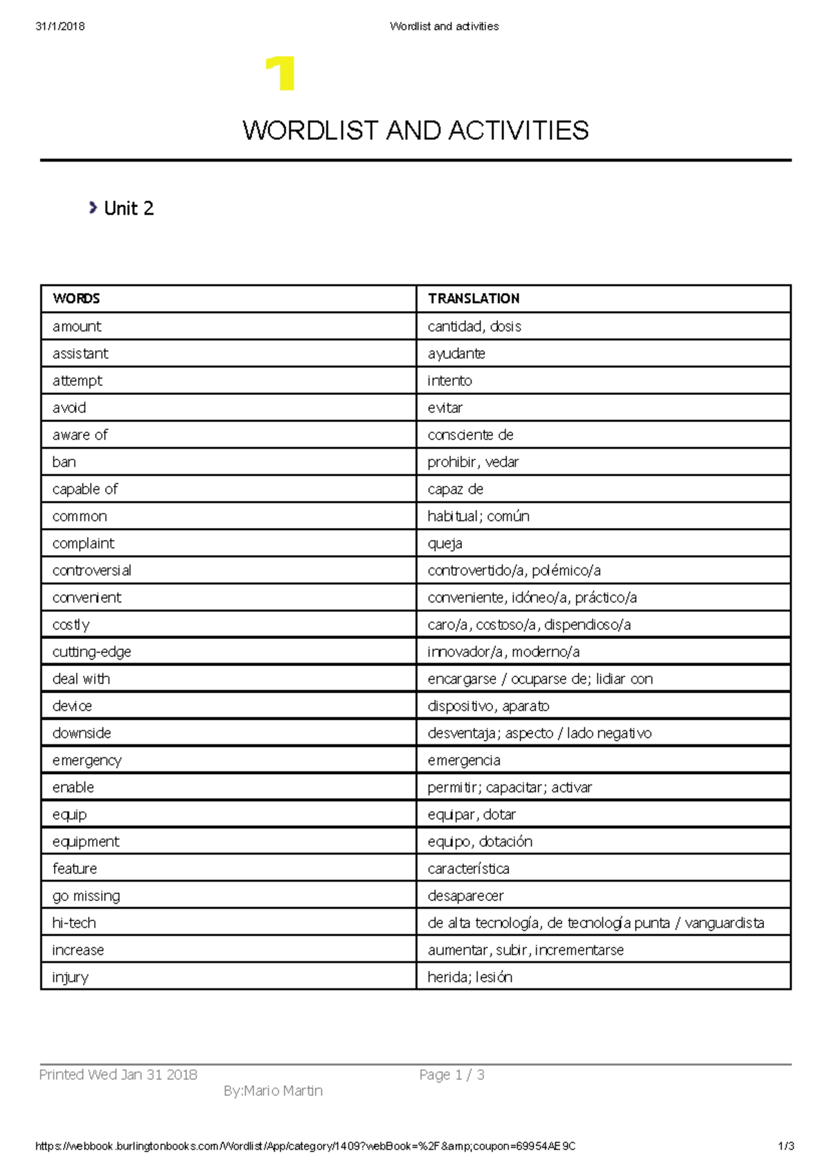 Wordlist and activities unit 2 - 31/1/2018 Wordlist and activities ...