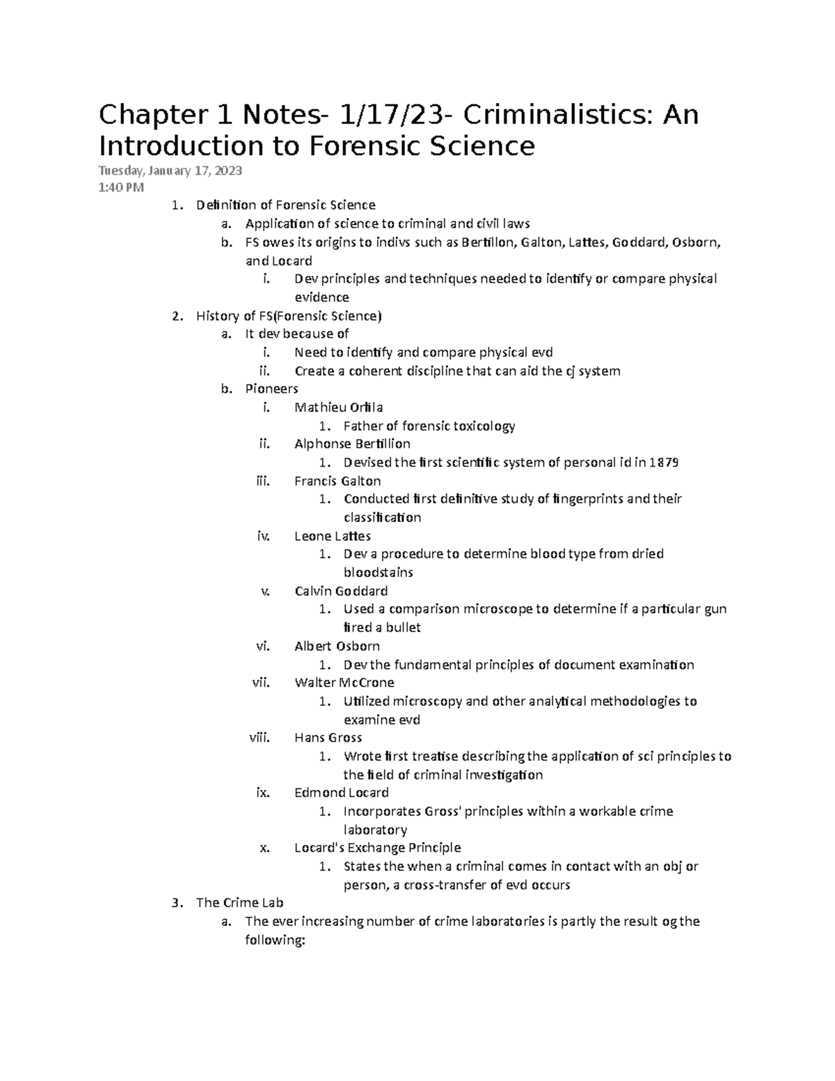 Ch 1 CSI - Dr. Diaz - Chapter 1 Notes- 1/17/23- Criminalistics: An ...