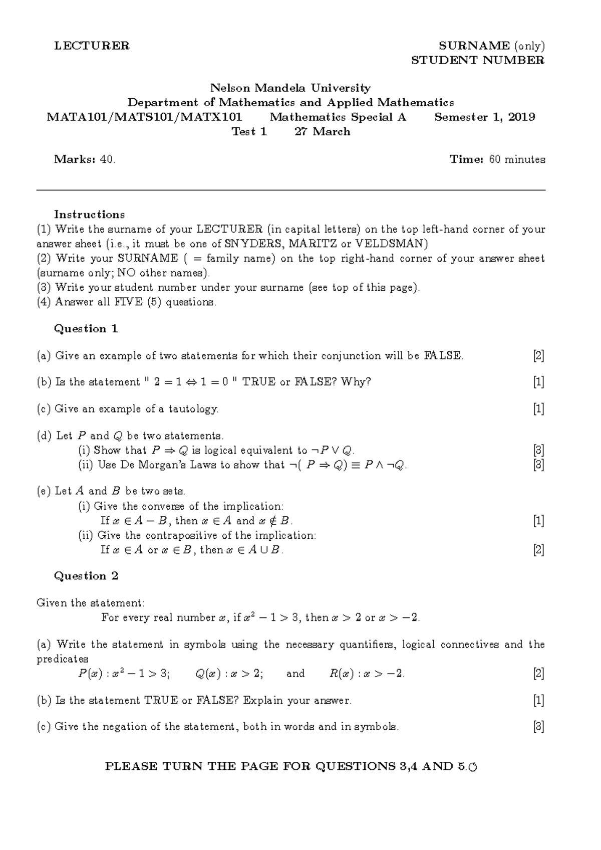 Test 1 - A previous exam paper - LECTURER SURNAME (only) STUDENT NUMBER ...
