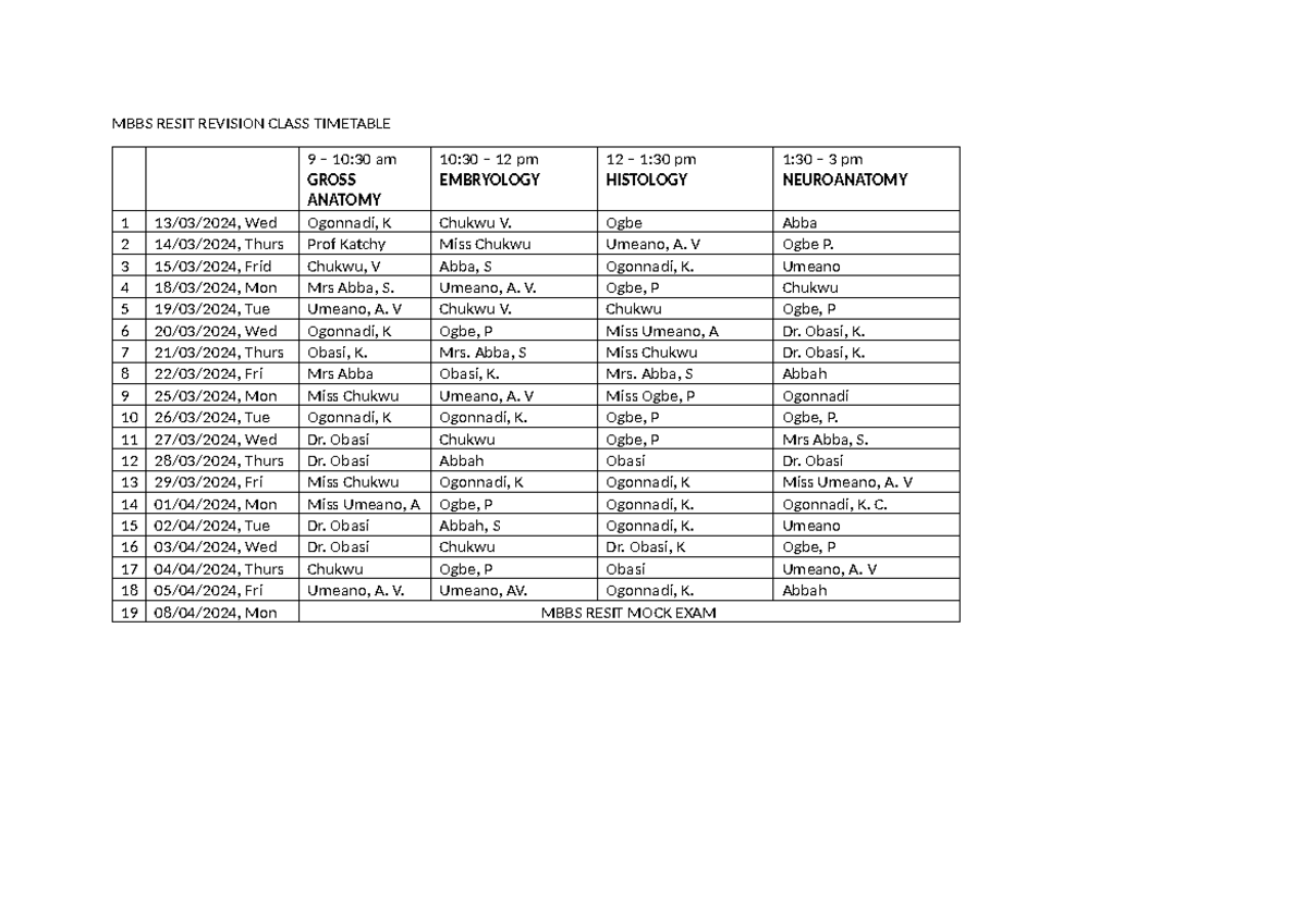 MBBS t Utorial Timetable FOR Resit Student - MBBS RESIT REVISION CLASS ...