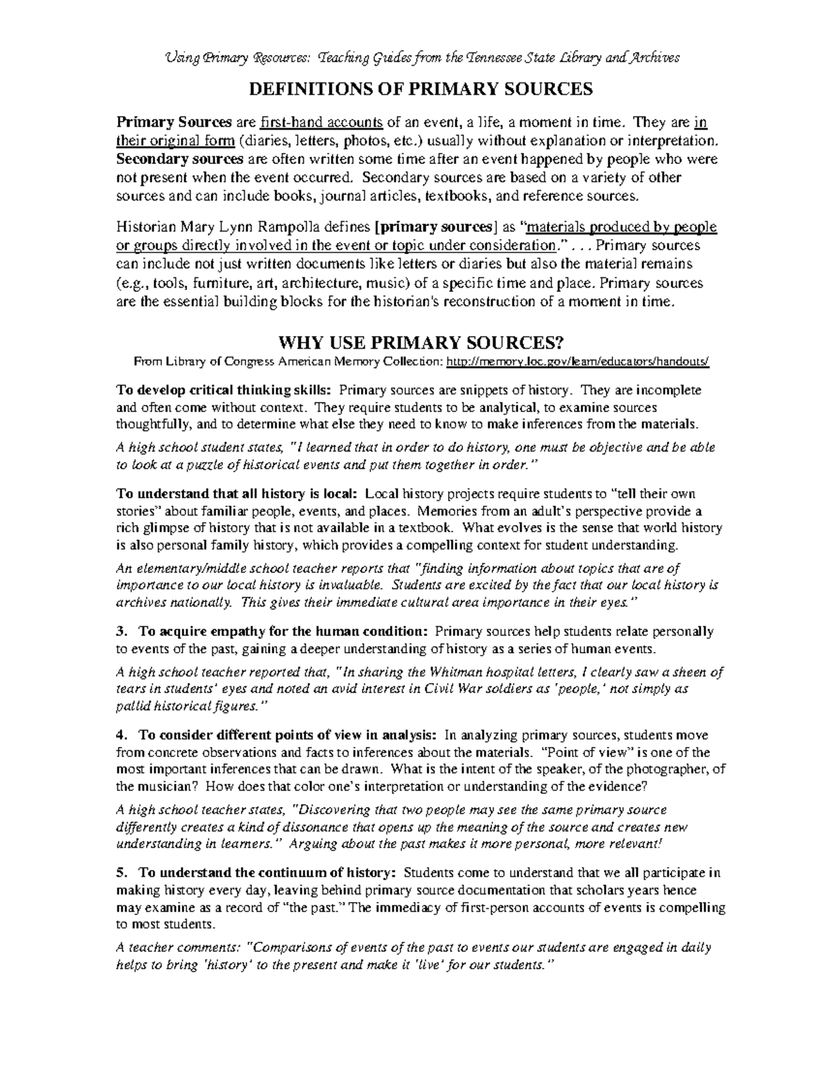 Using Primary Sources - Hensley class - DEFINITIONS OF PRIMARY SOURCES ...