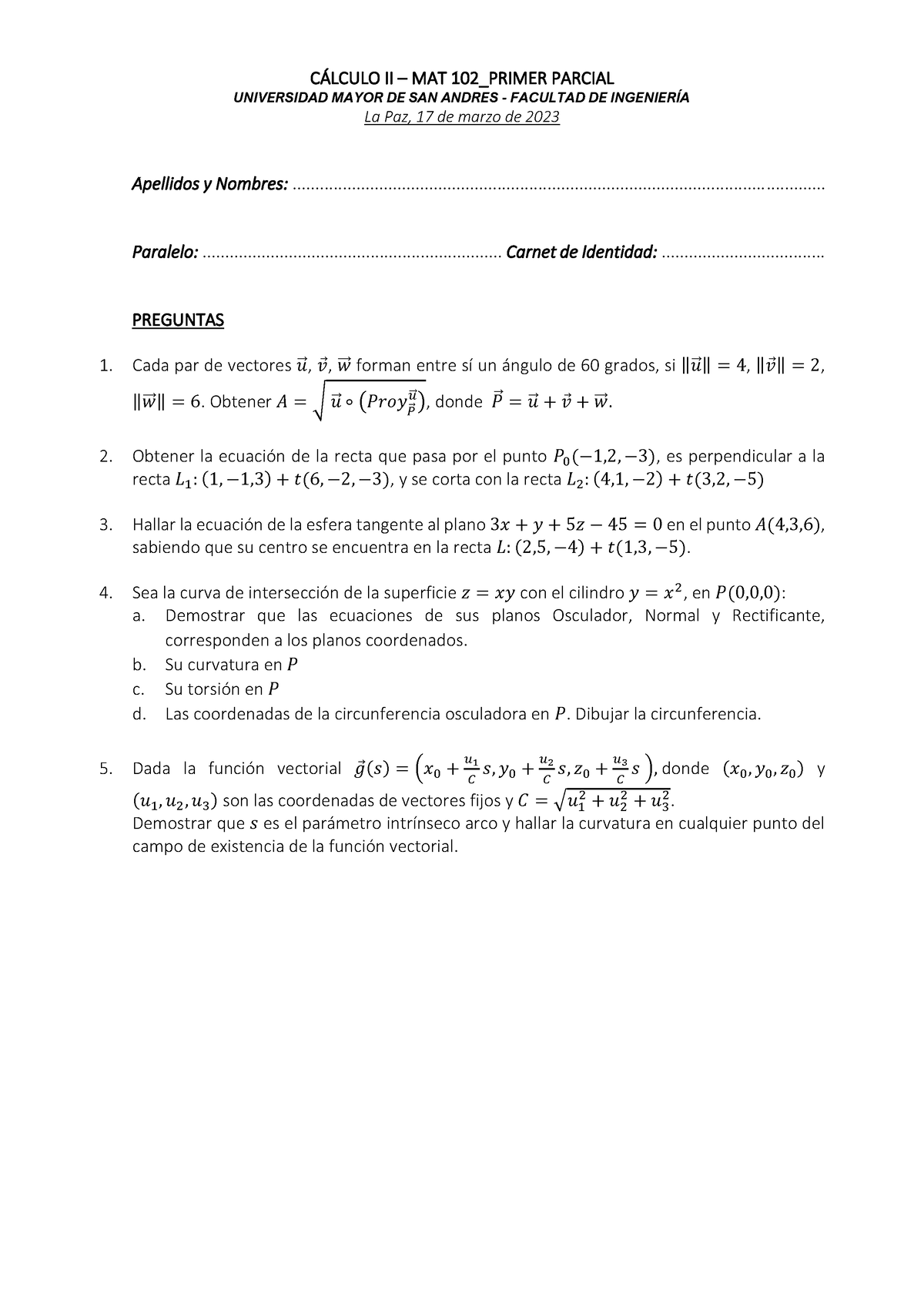 Primer Parcial 2023 - EXAMEN PASADO - C¡LCULO II – MAT 10 2_PRIMER ...