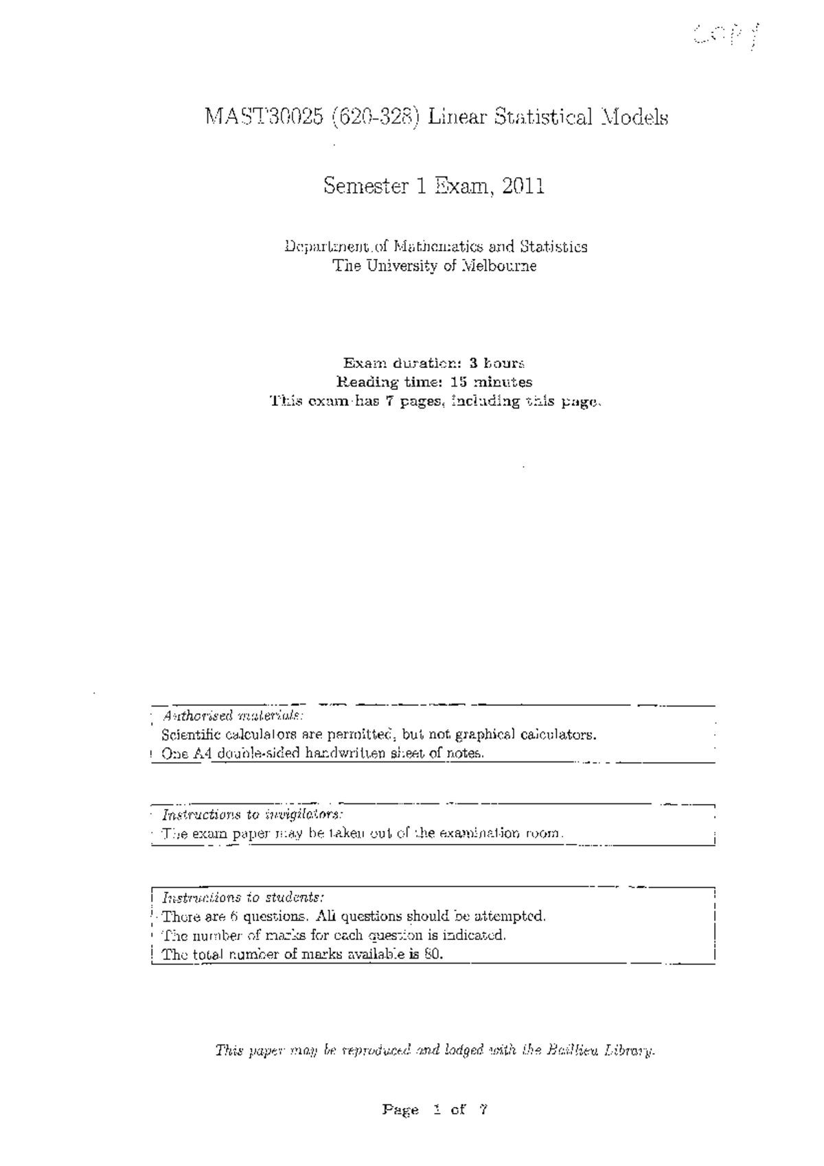 Exam 2011, questions - ####### Semester 1 Exam, 2011 Department of ...