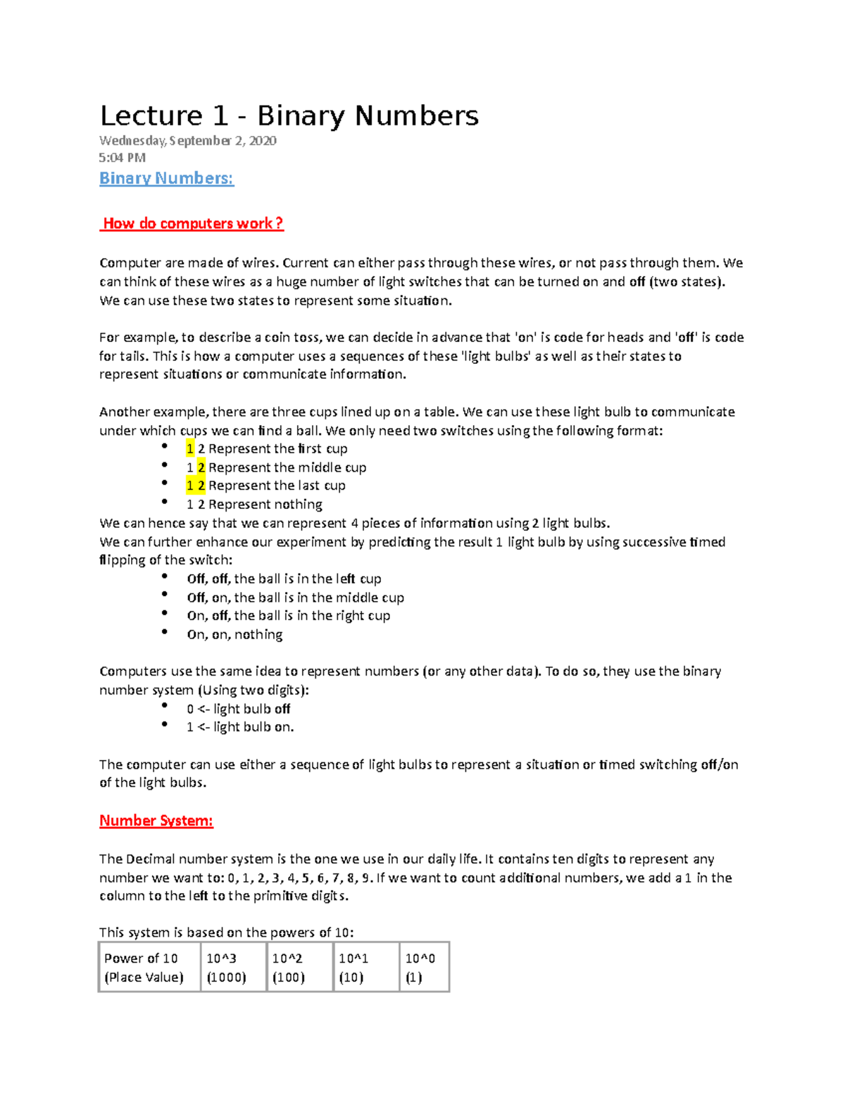 Lecture 1 Notes - Lecture 1 - Binary Numbers Wednesday, September 2 ...