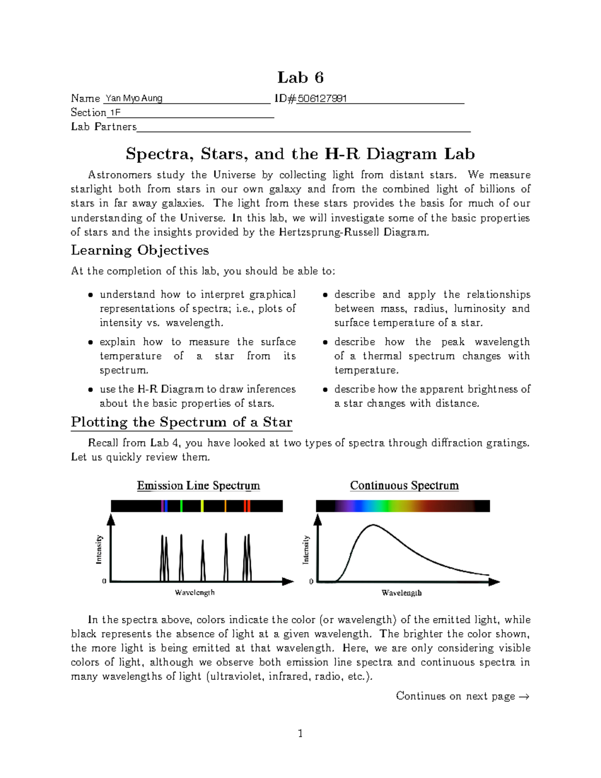 UCLA ASTR 3 Lab Six - Lab 6 Name ID# Section Lab Partners Spectra ...