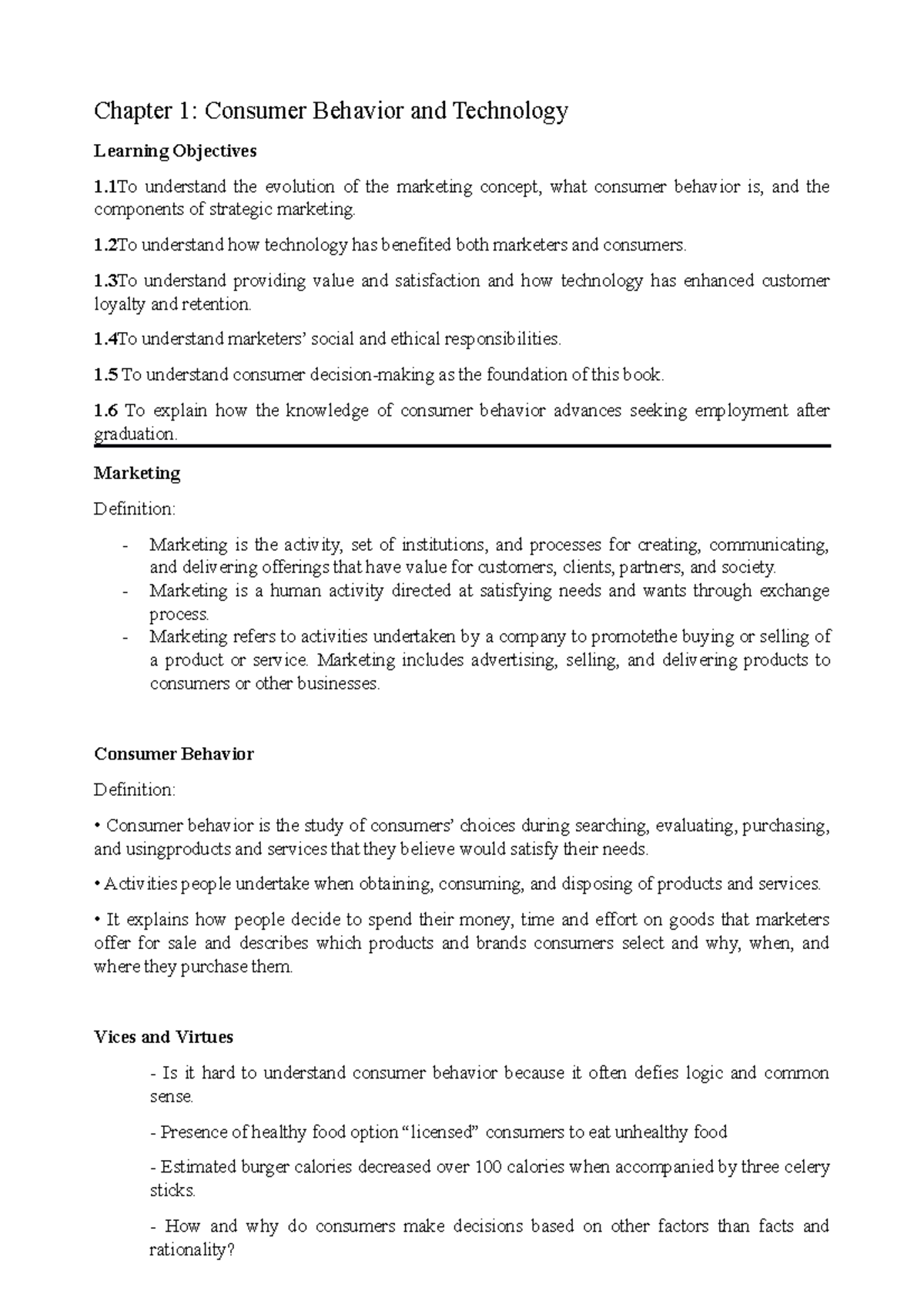 L1 individual note - Lecture notes 1 - Chapter 1: Consumer Behavior and ...