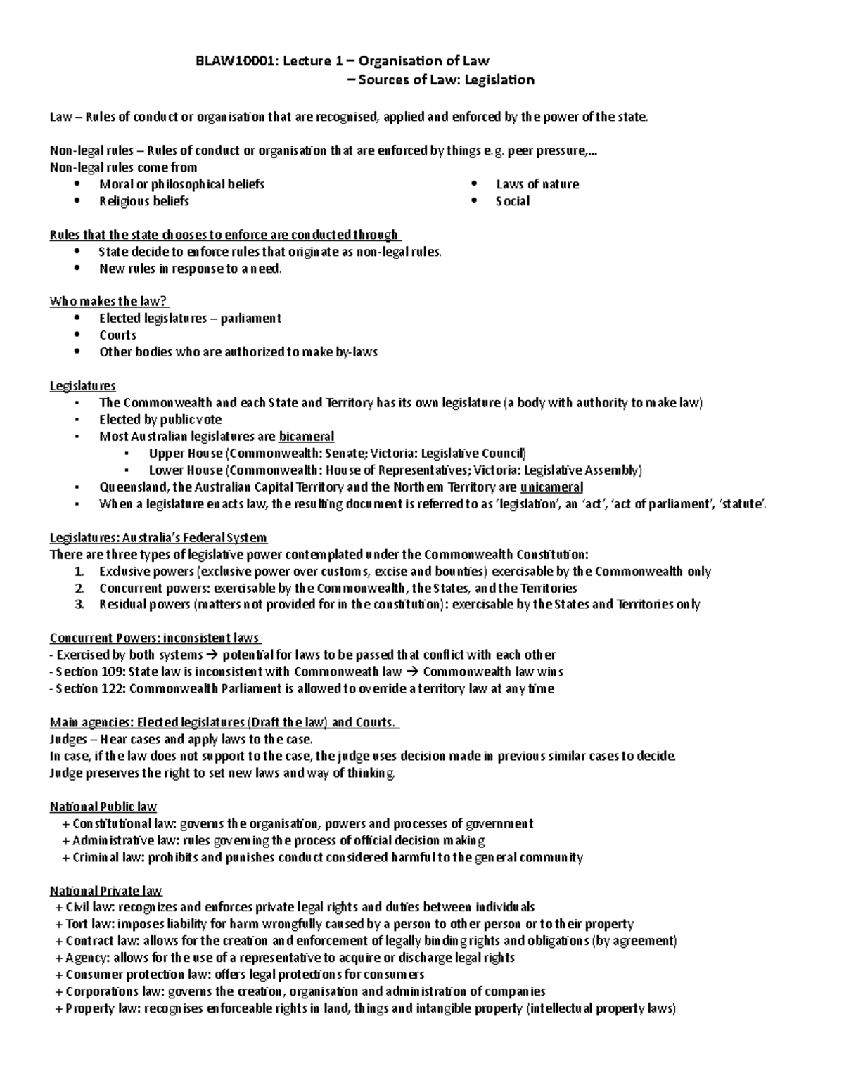 Notes - BLAW10001: Lecture 1 – Organisation of Law – Sources of Law ...