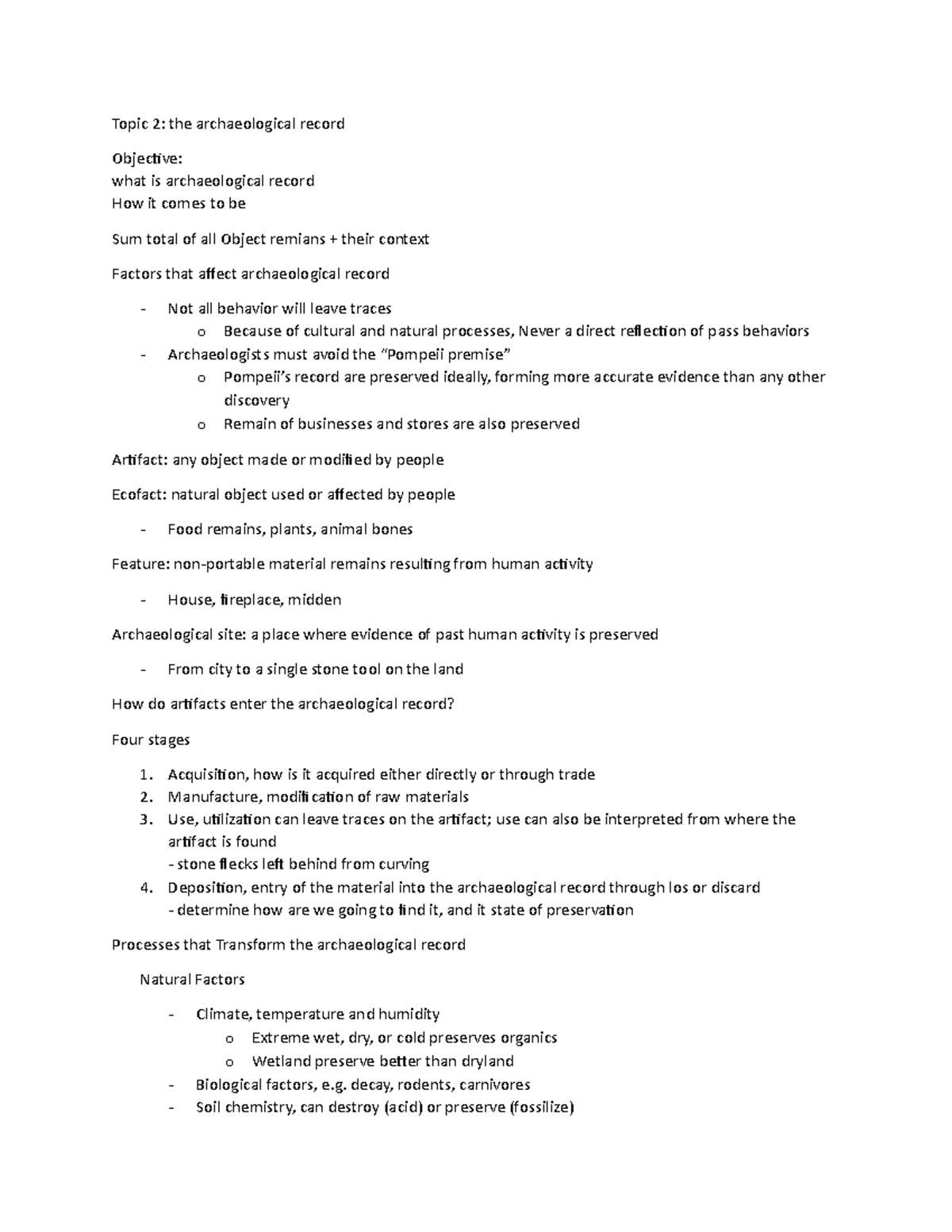 Class 2 note - Lecture notes 2 - Topic 2: the archaeological record ...