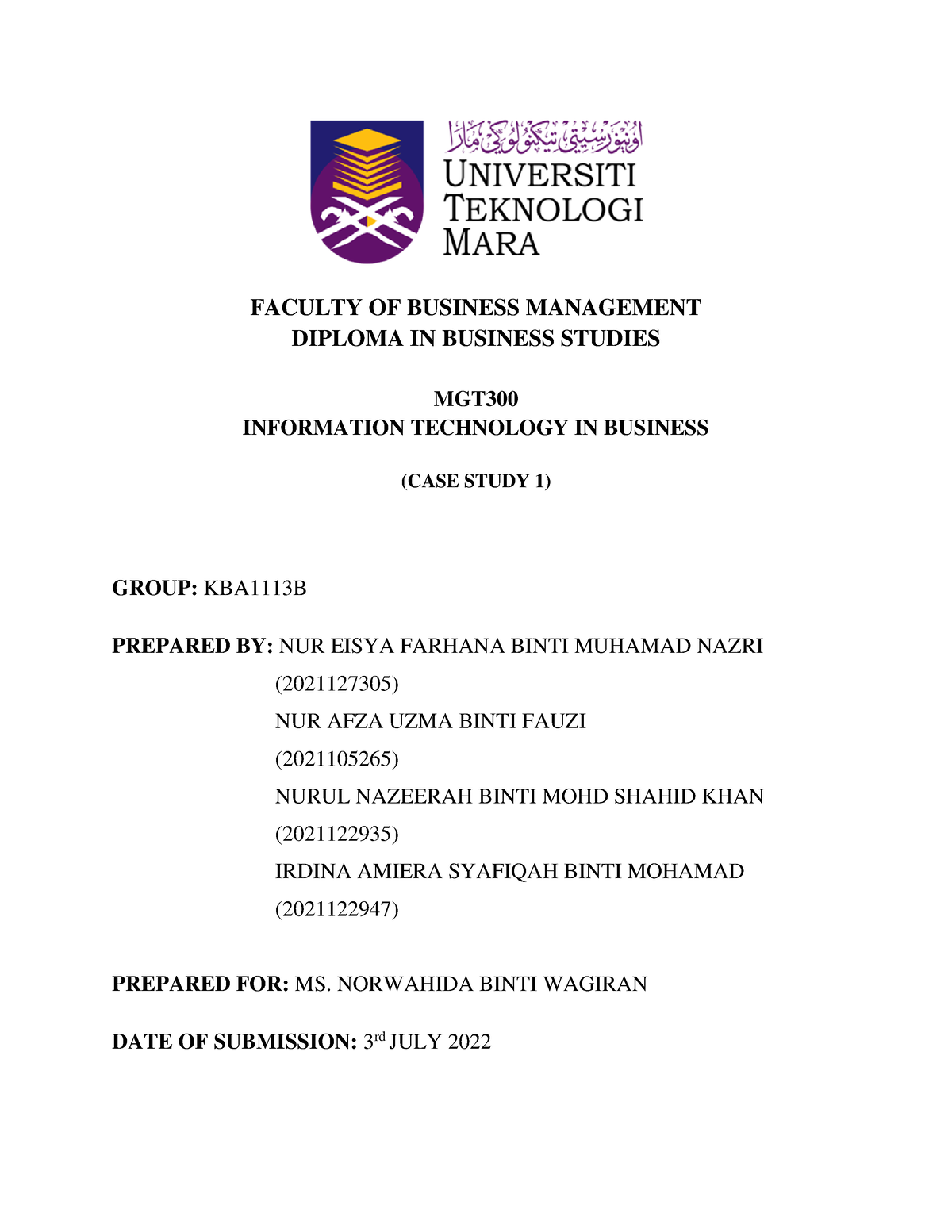 MGT300 CASE Study 1 - FACULTY OF BUSINESS MANAGEMENT DIPLOMA IN ...