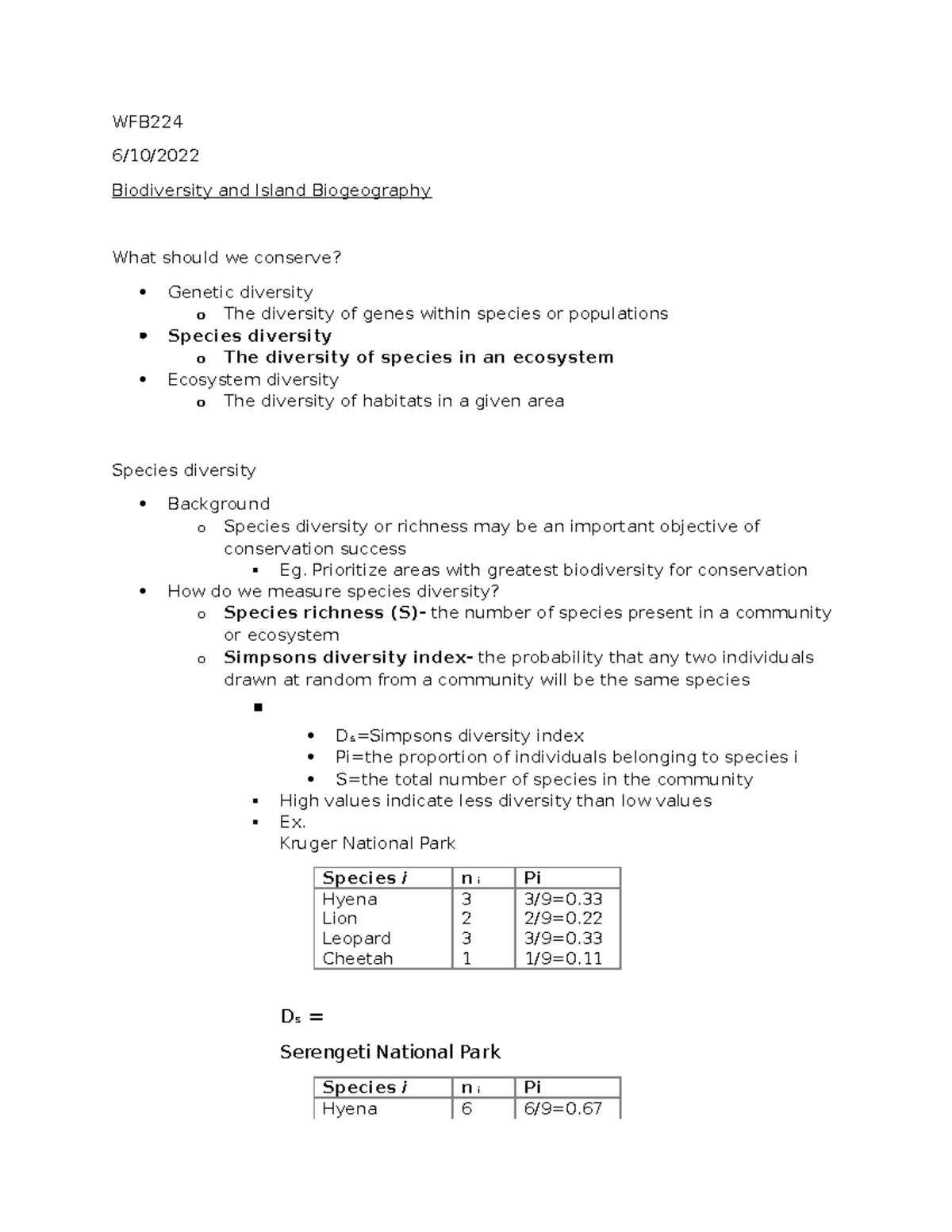 610 Biodiversity and Island Biogeography WFB 6/10/ Biodiversity and