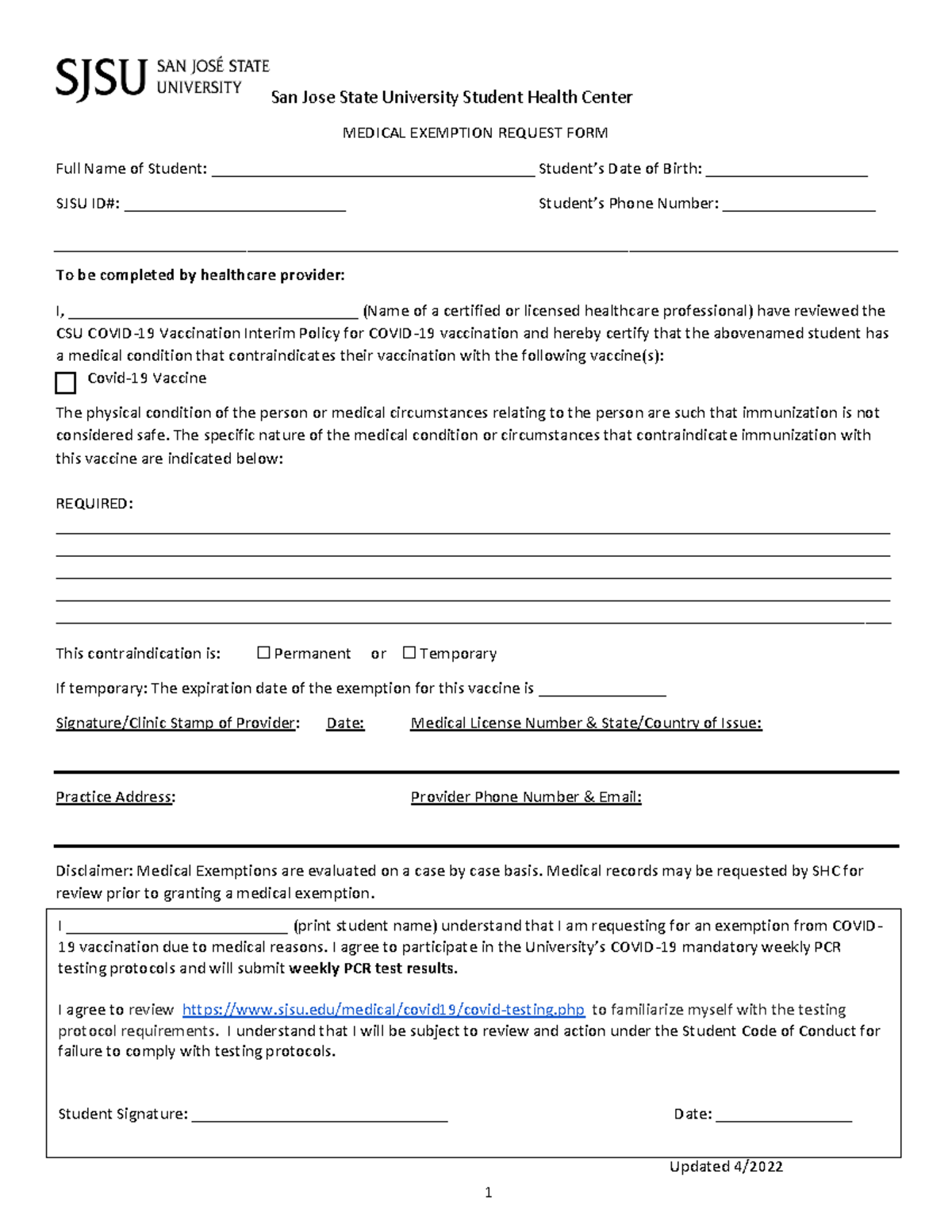 Covid19 Vaccine Medical Exemption Request Formupdated April 2022 1