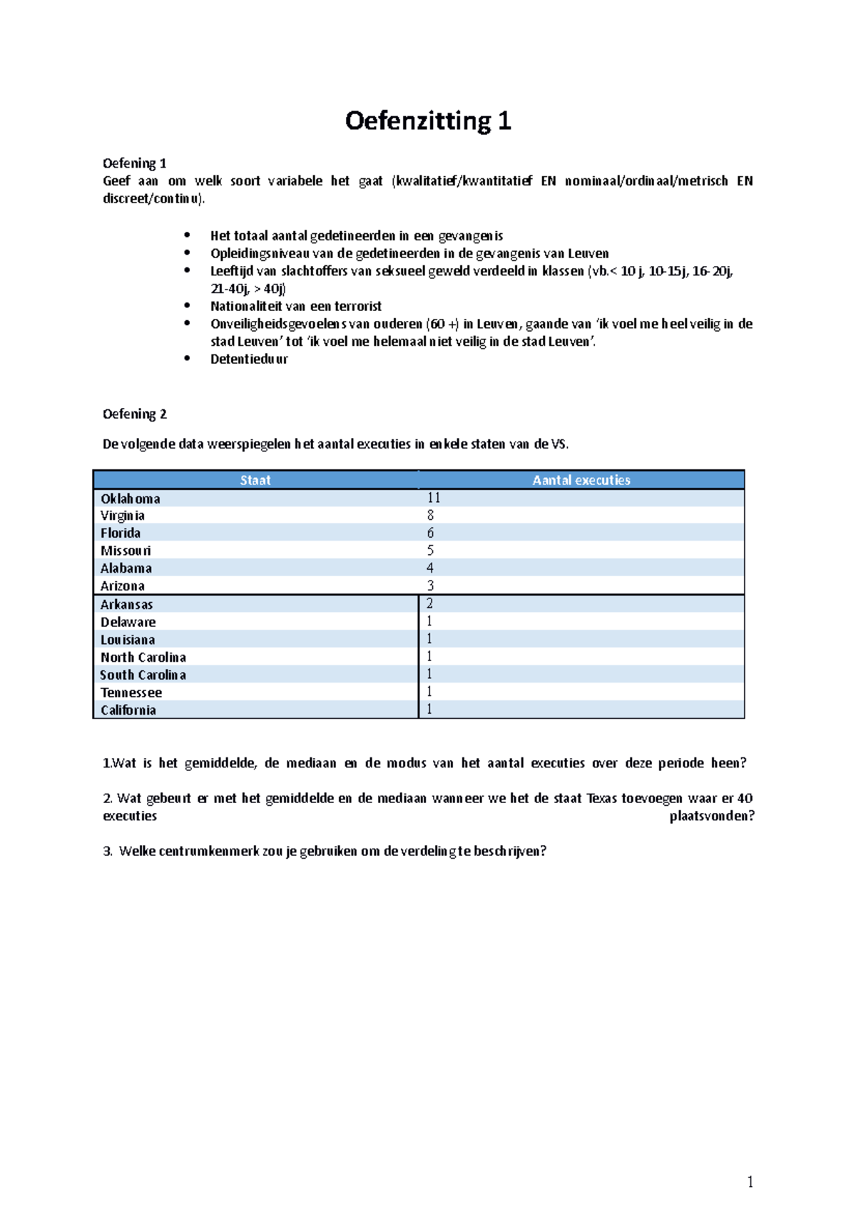 Statistiek Voor Criminologen Oefenzitting 1 - Oefenzitting 1 Oefening 1 ...