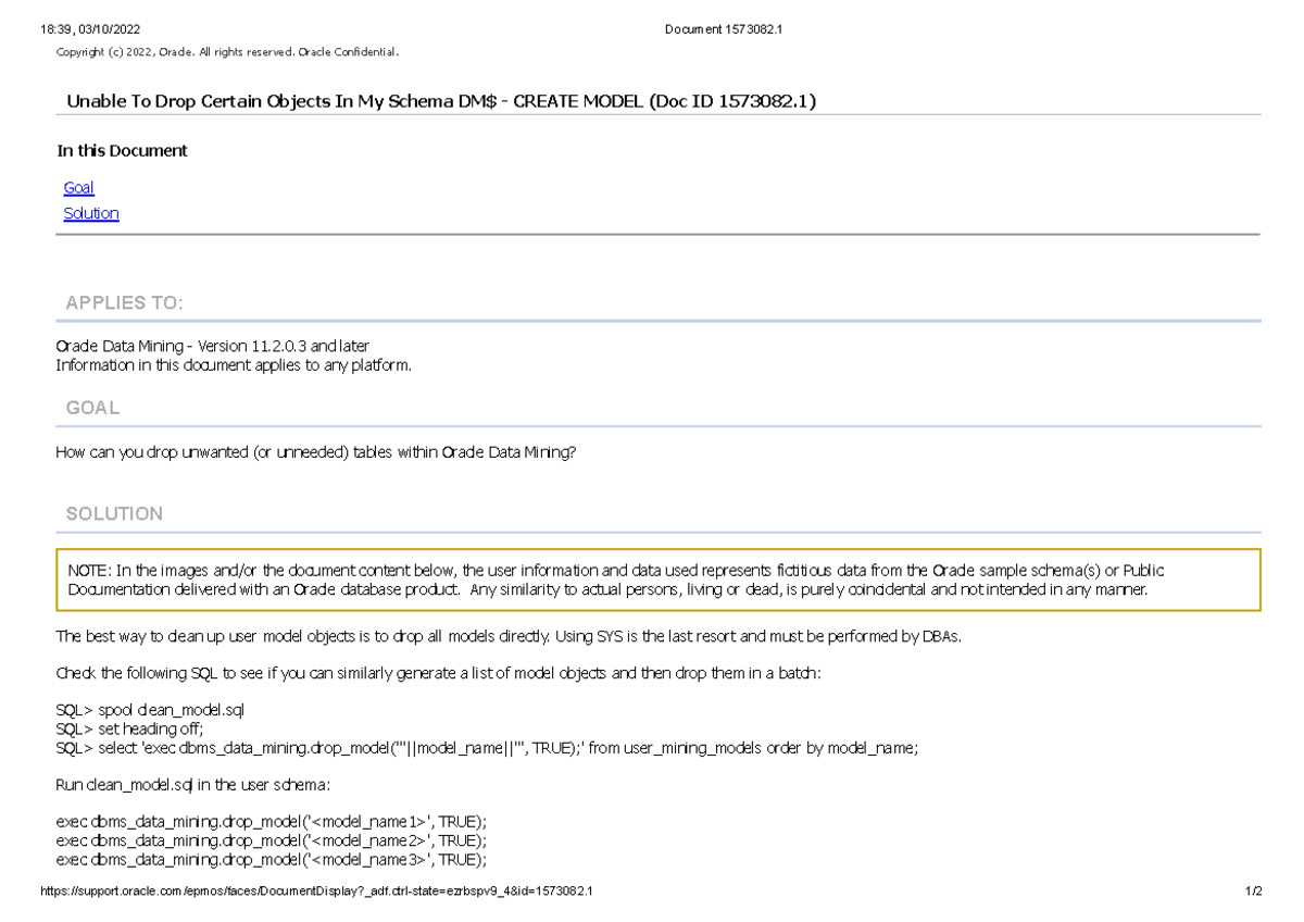 Unable To Drop Certain Objects In My Schema DM$ - Create Model (Doc ID ...