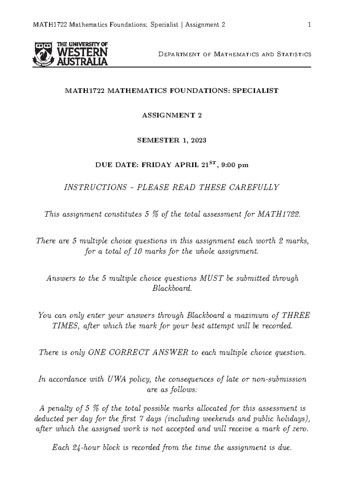 Assigment math spec - Department of Mathematics and Statistics MATH1722 ...