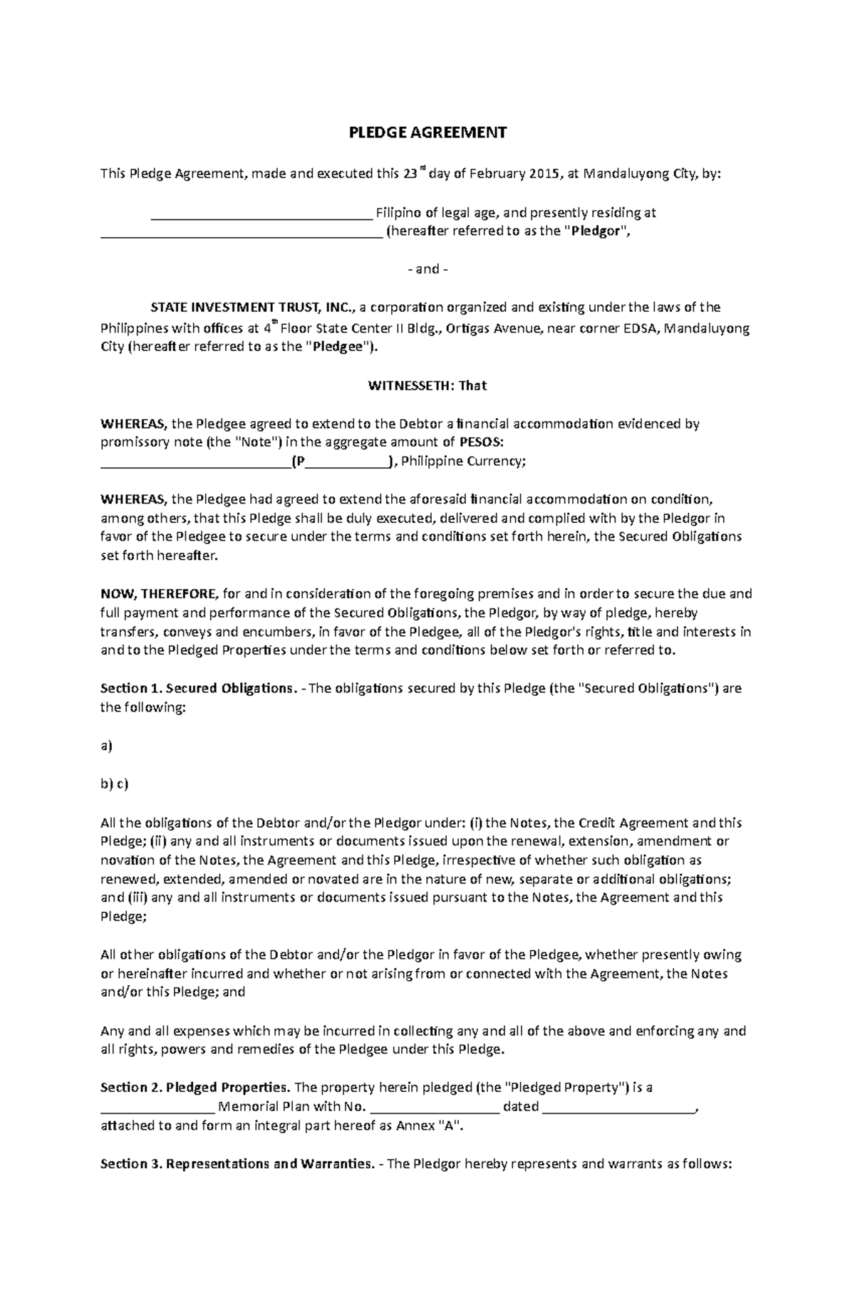 Pledge Agreement - , a corporation organized and existing under the ...