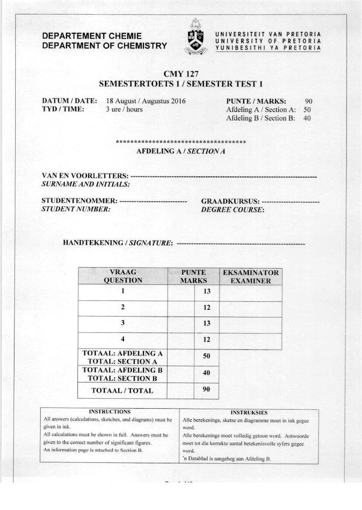 CMY 127 2016 Semester Test 1 Memo CMY 127 This Is A Different