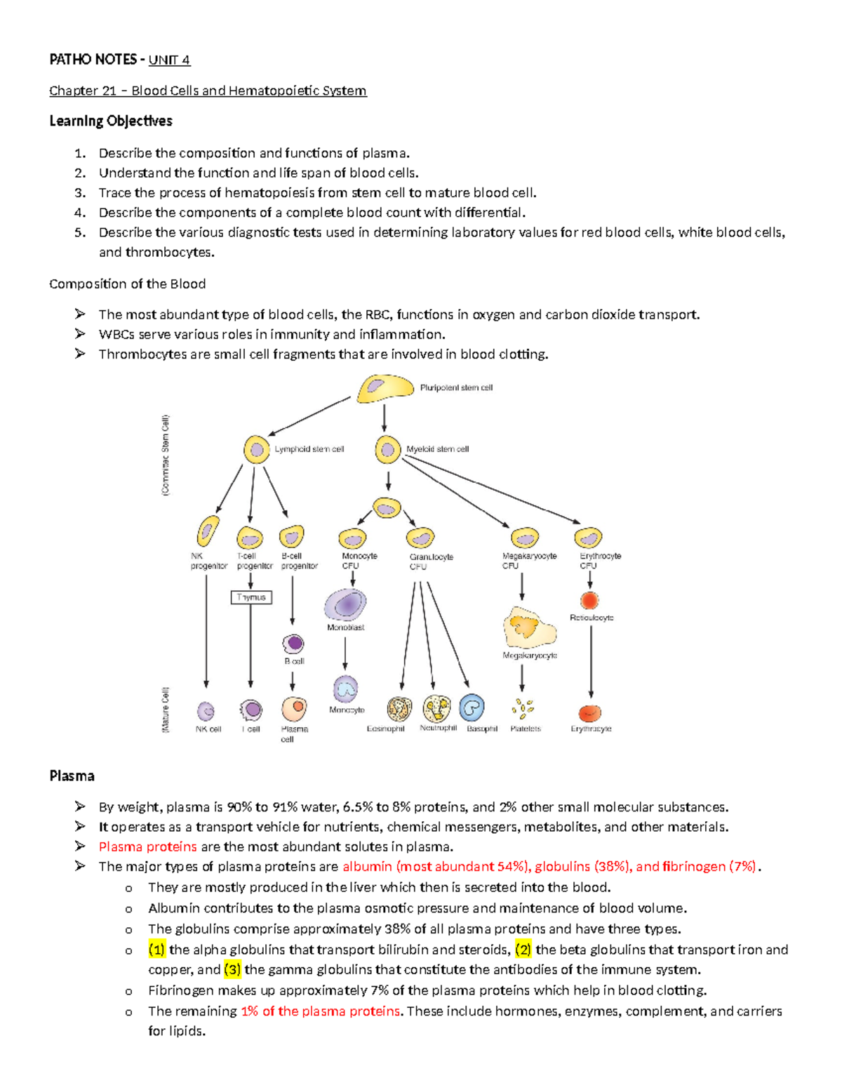 Unit 4 Notes - PATHO NOTES - UNIT 4 Chapter 21 – Blood Cells and ...